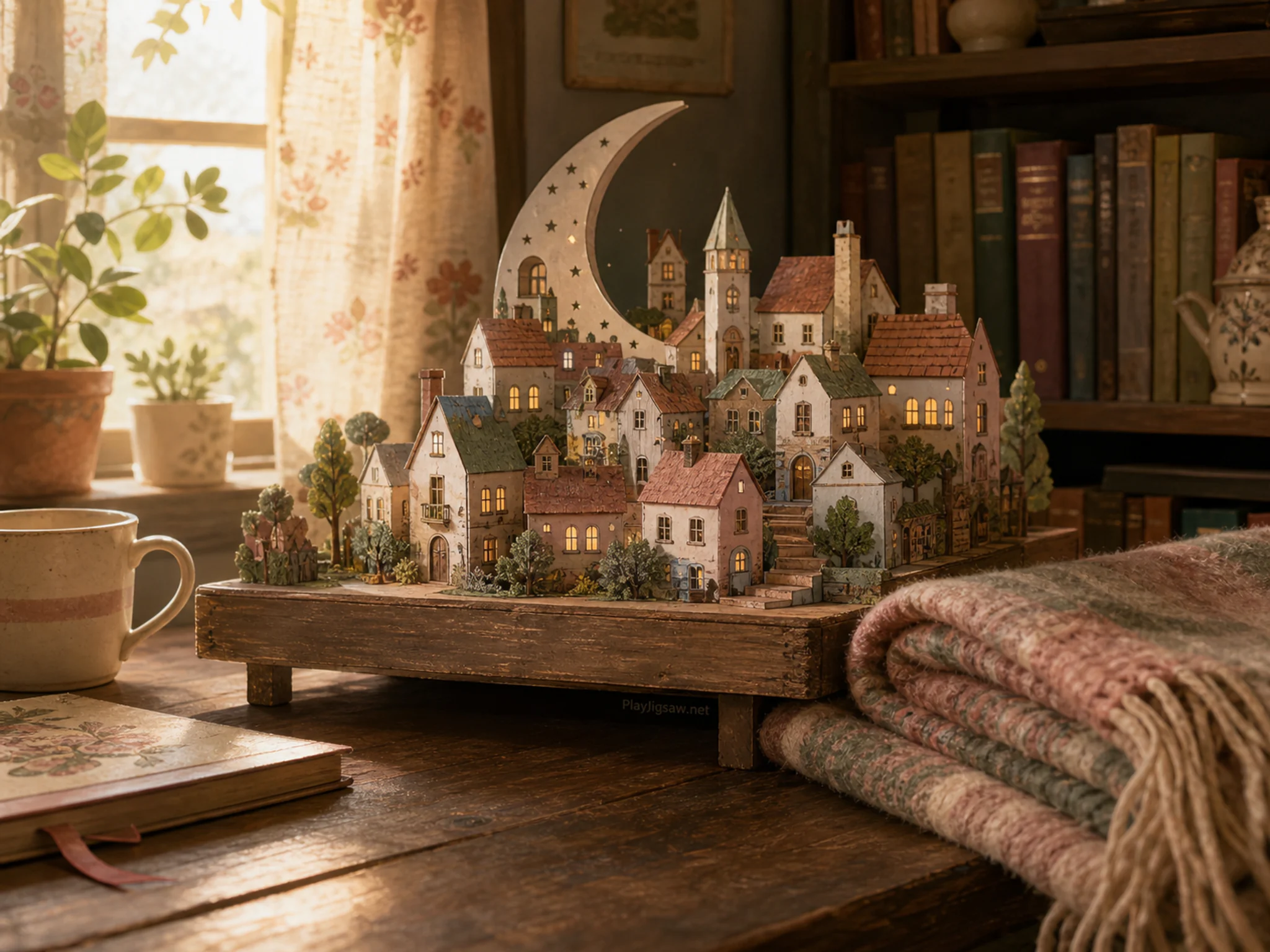 paper moon hamlet presented as a handcrafted miniature beside a folded wool blanket in a paper-moon hamlet dollhouse in a familiar reading nook, with familiar objects and golden.