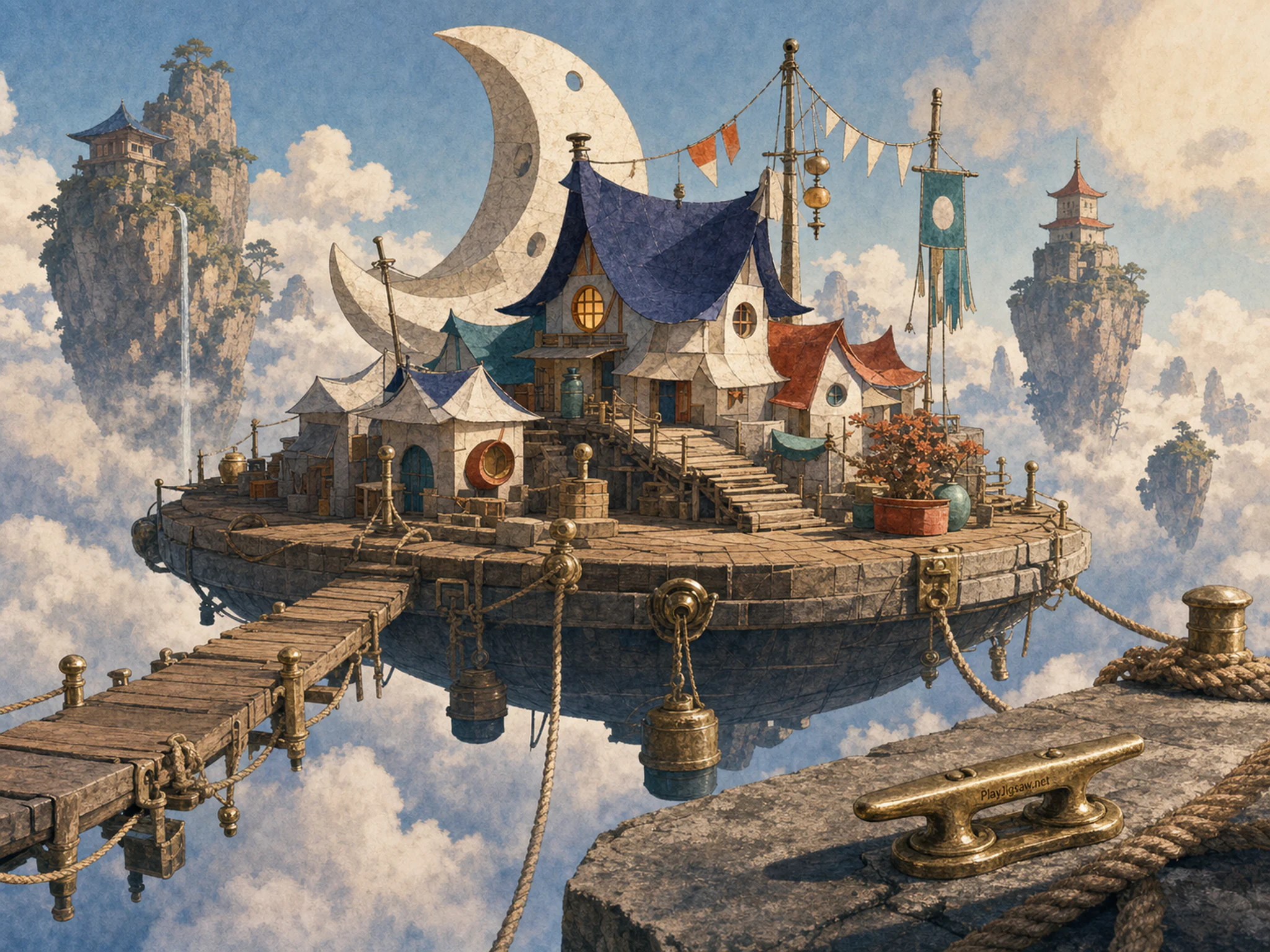 Paper Moon Hamlet hovering above rope-and-brass mooring in a cloud-ringed floating dock, with layered scenery and clear early morning light.