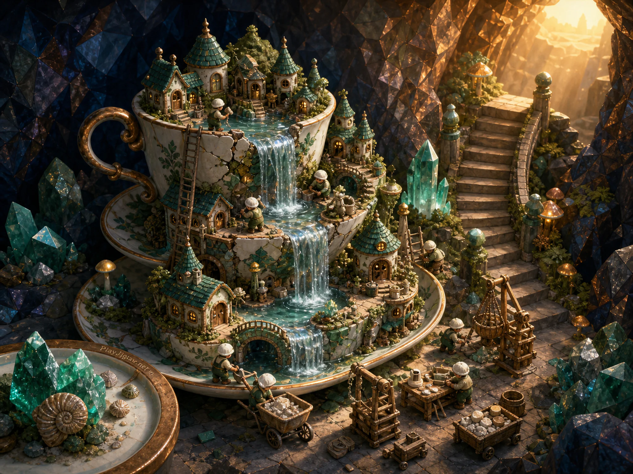 Teacup Waterfall Village being repaired beside miniature household stair in a faceted underground realm, with layered scenery and warm late-day sunlight.