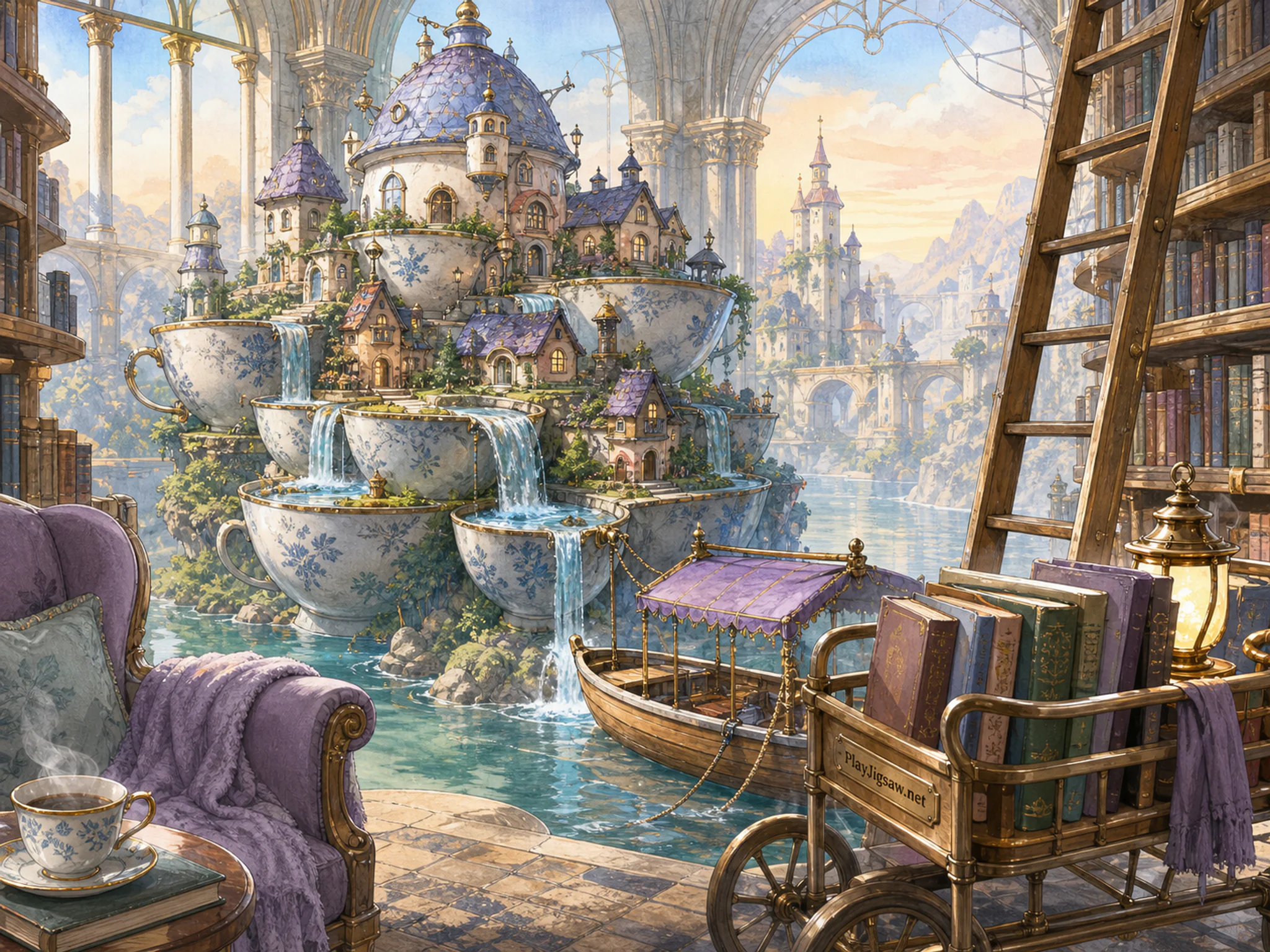 Teacup Waterfall Village moored near rolling library ladder in a high enchanted reading hall, with layered scenery and clear early morning light.