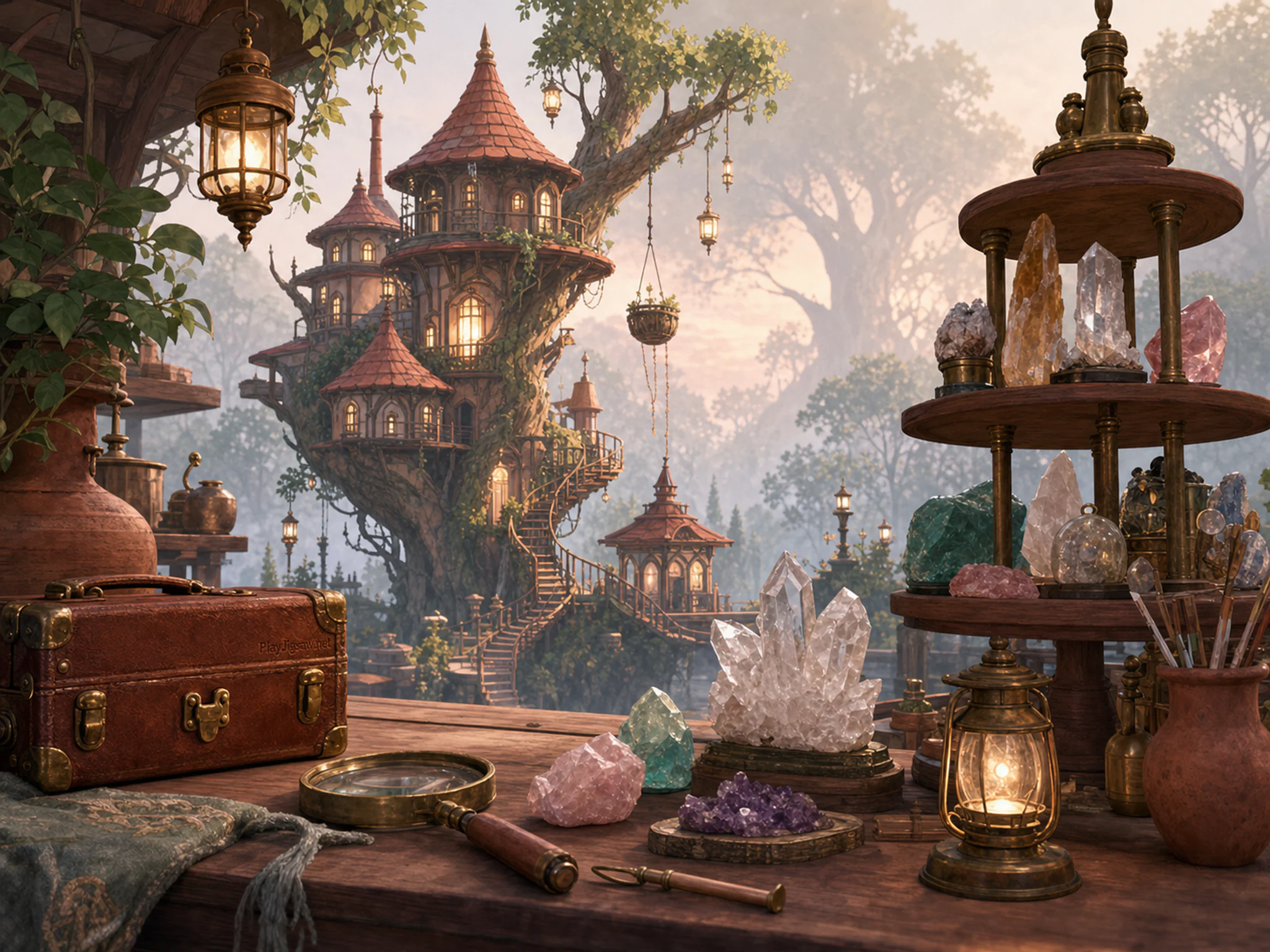 Treehouse Lantern Village turning beside crystal specimen stand in a friendly magical workshop, with layered scenery and calm misty dawn.