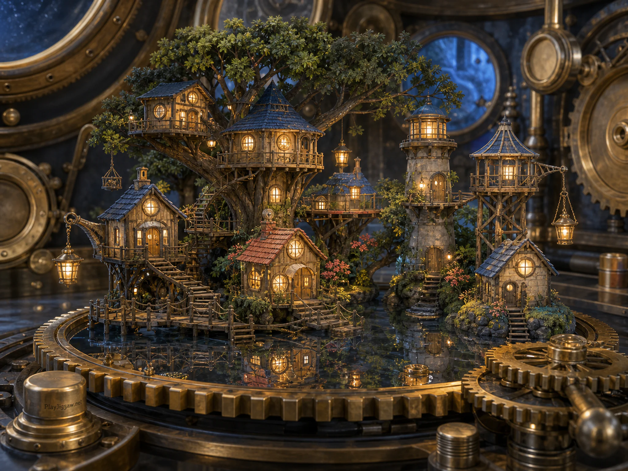 Treehouse Lantern Village reflecting across calibrated gear dial in a brass mechanical chamber, with layered scenery and cool blue-hour light.