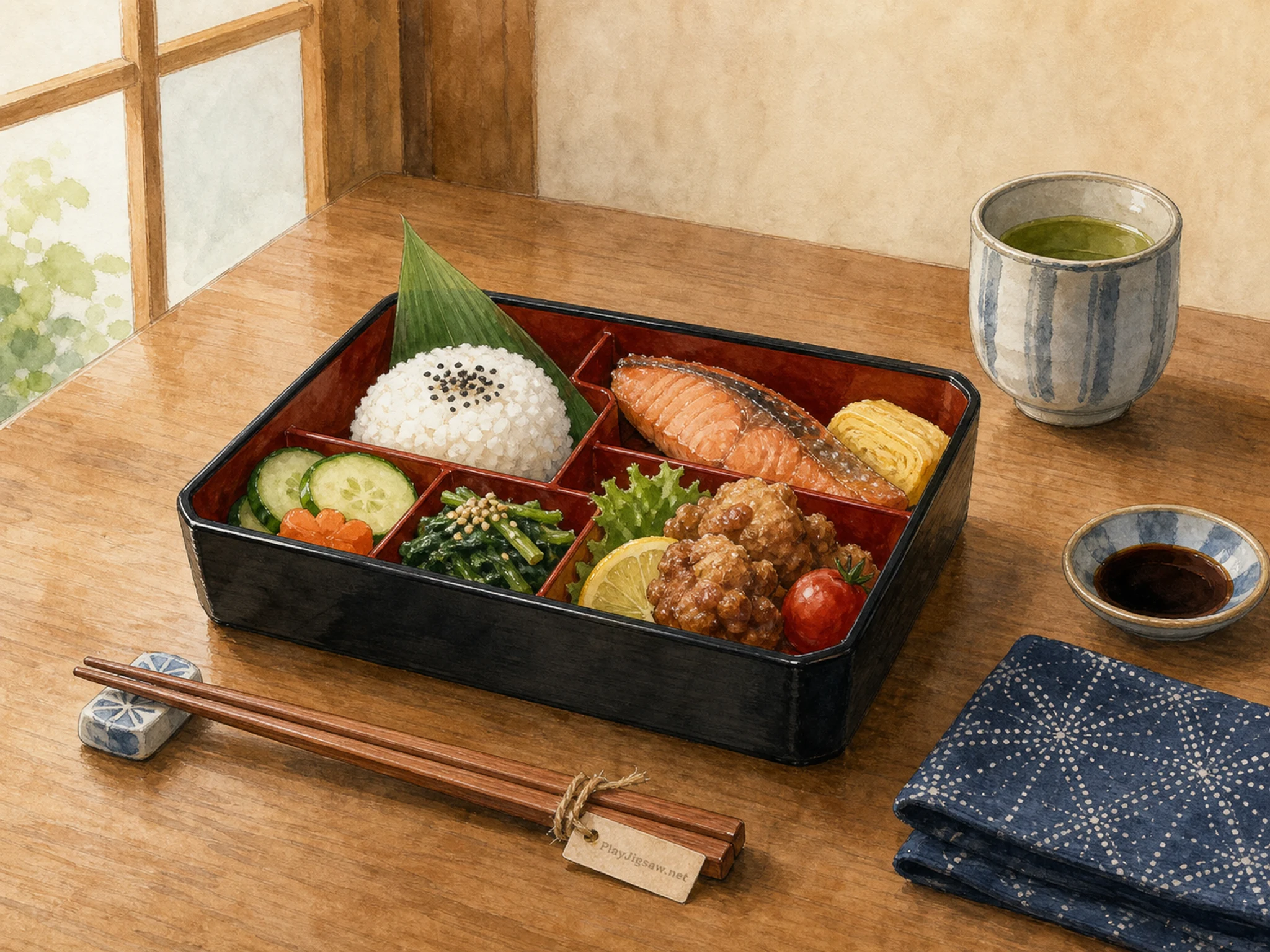A calm Japanese lunch table with a lacquered bento box, chopsticks, ceramic tea cup, indigo napkin, soy dish, bamboo leaf divider, rice ball, and a tiny in-world paper maker tag tied to the chopsticks