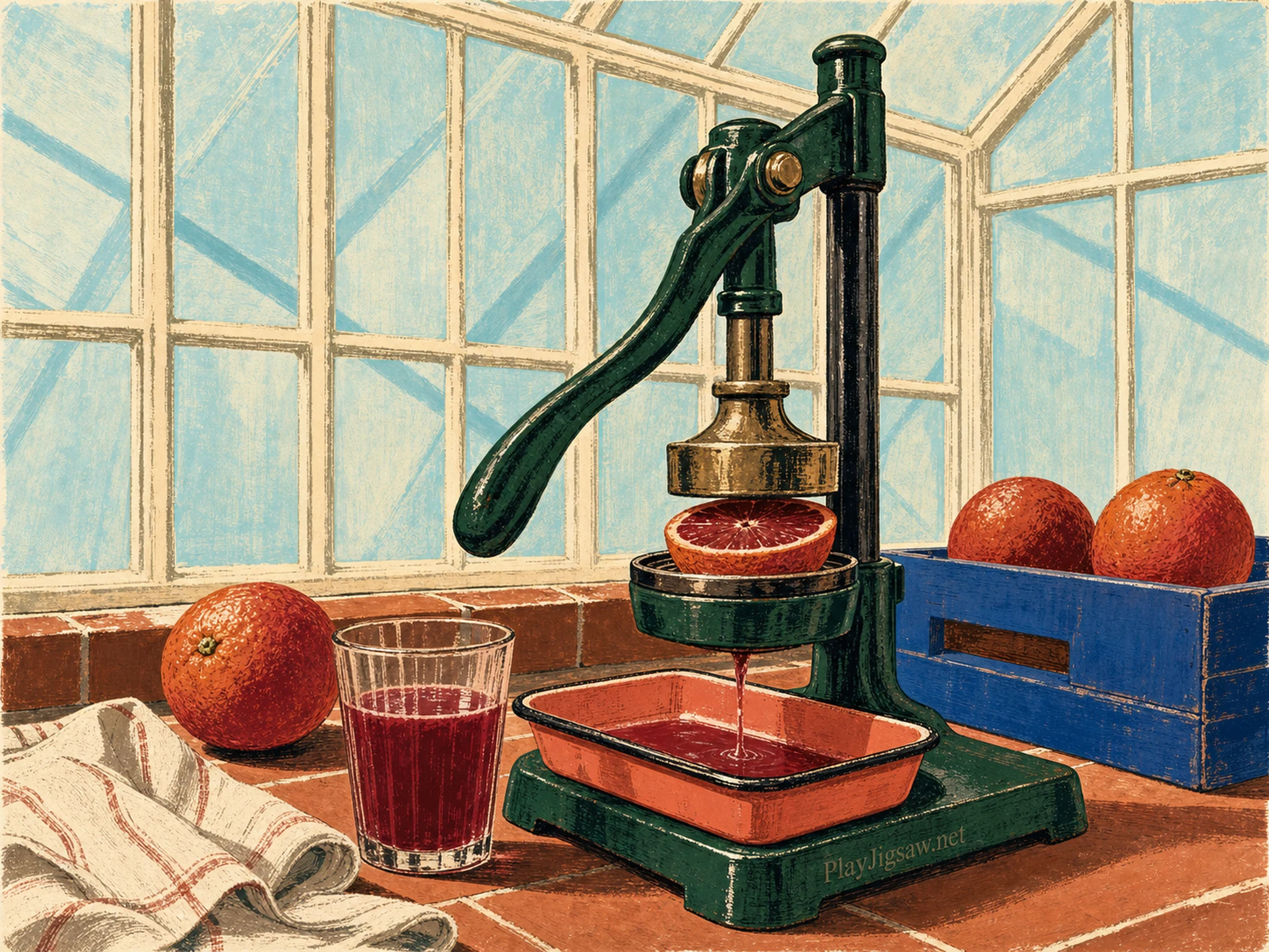 A forest-green hand press squeezing a blood orange in a bright glasshouse bay with ruby juice, coral tray, cobalt crate, and a tiny engraved maker mark