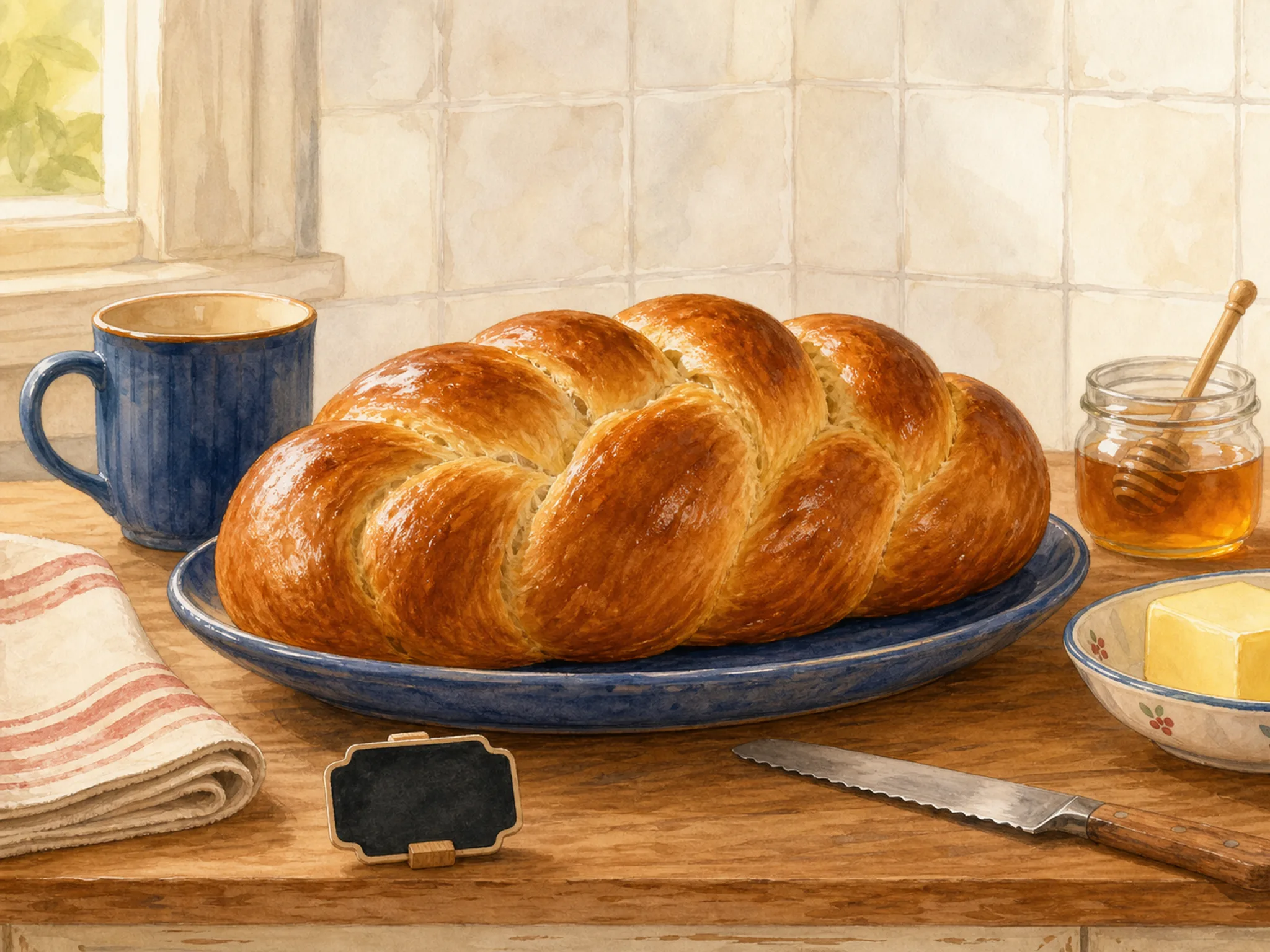 A clean bakery counter with a large braided golden loaf on a blue ceramic plate, mug, honey jar, butter dish, folded napkin, bread knife, and chalk tag