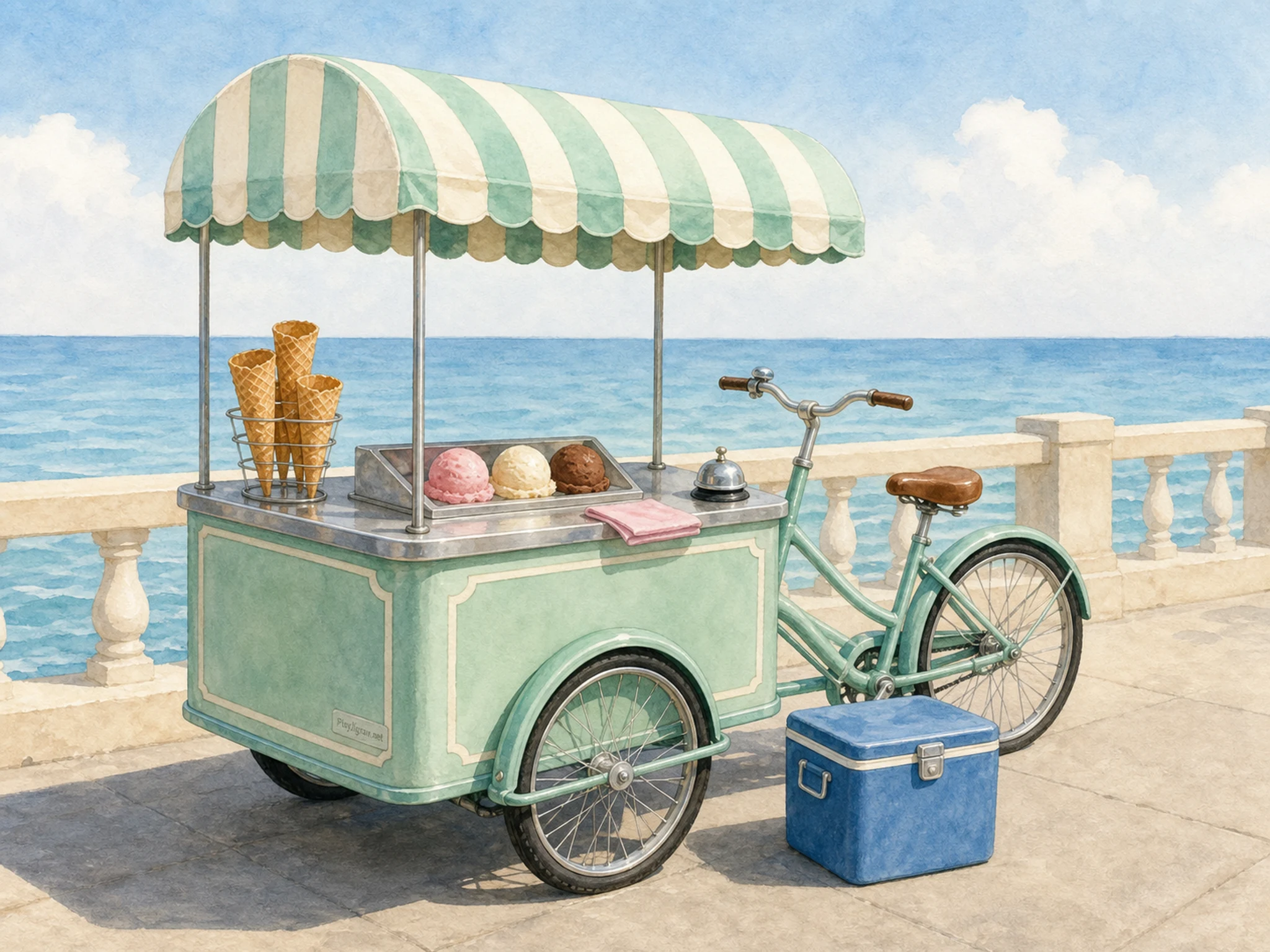 A seaside promenade with a mint ice cream bicycle cart, striped canopy, waffle cones, three scoops, small bell, blue cooler, ocean railing, and a tiny painted in-world maker mark