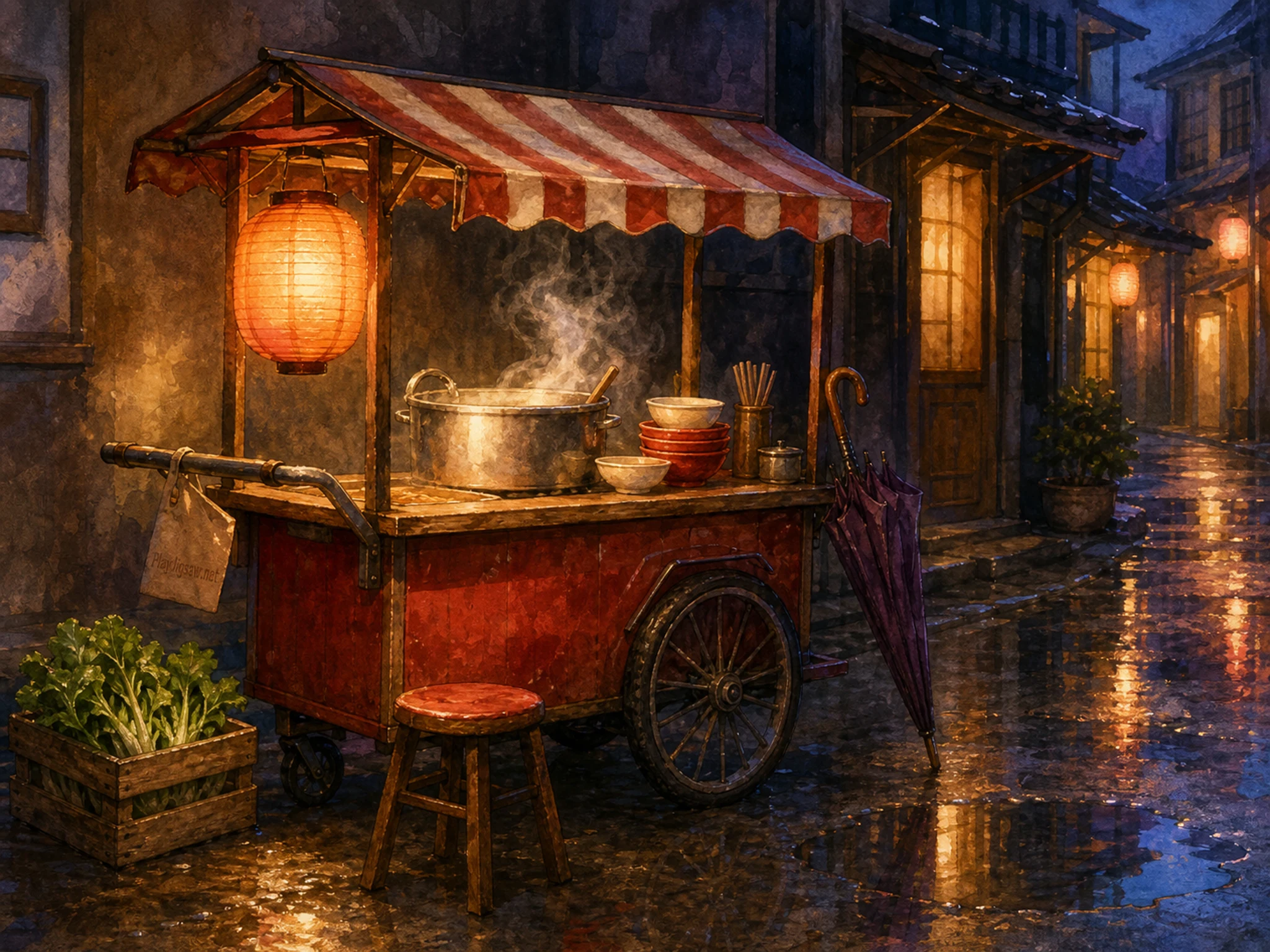A rainy night alley with a warm noodle cart, paper lantern, stool, ceramic bowls, umbrella, puddle reflection, condiment tray, and a tiny faded in-world maker tag on the cart awning