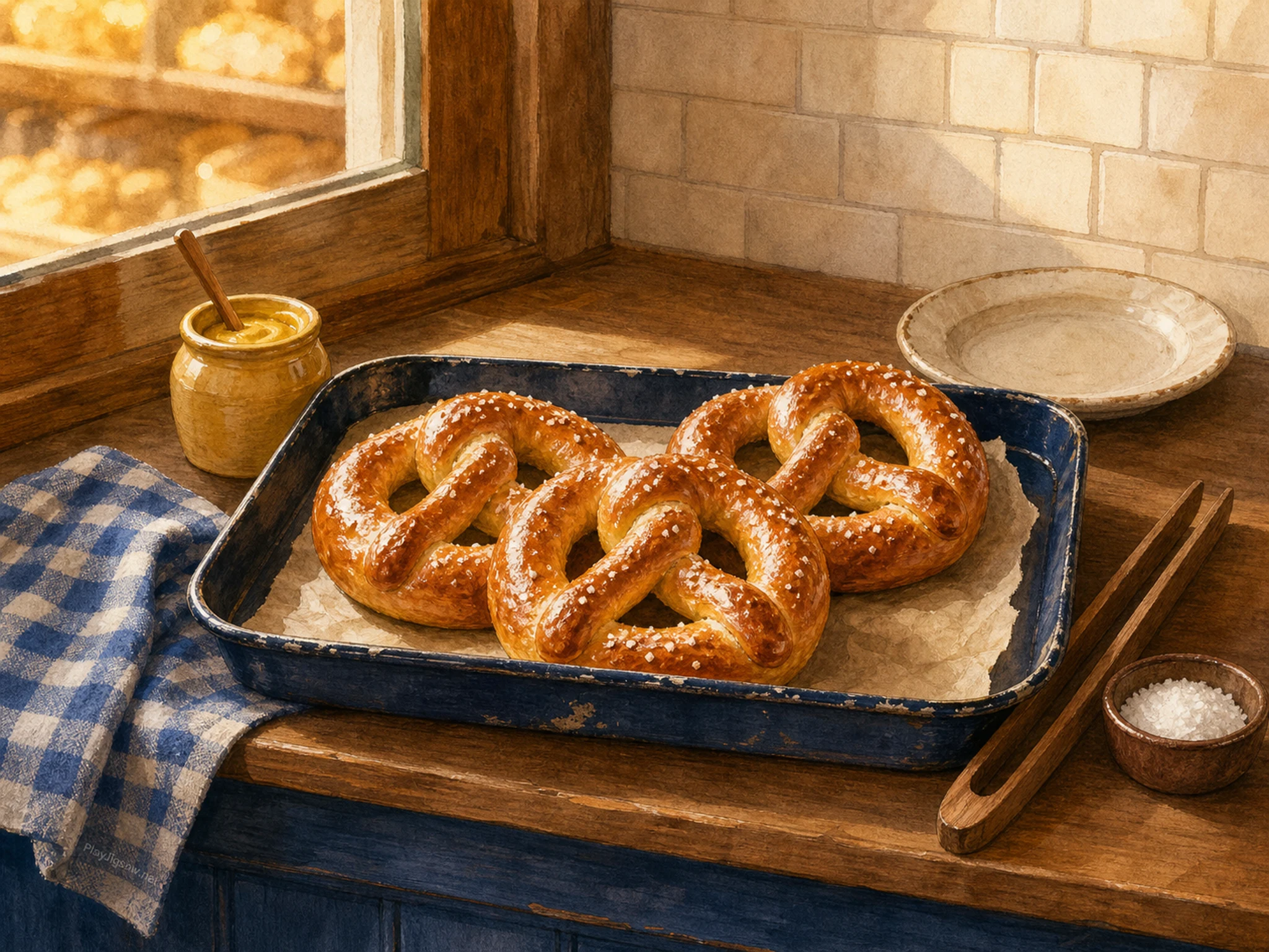 A bakery counter with a navy enamel tray holding golden pretzels, mustard pot, blue checked cloth, wooden tongs, cream plate, salt bowl, warm window reflection, and a tiny in-world cloth mark