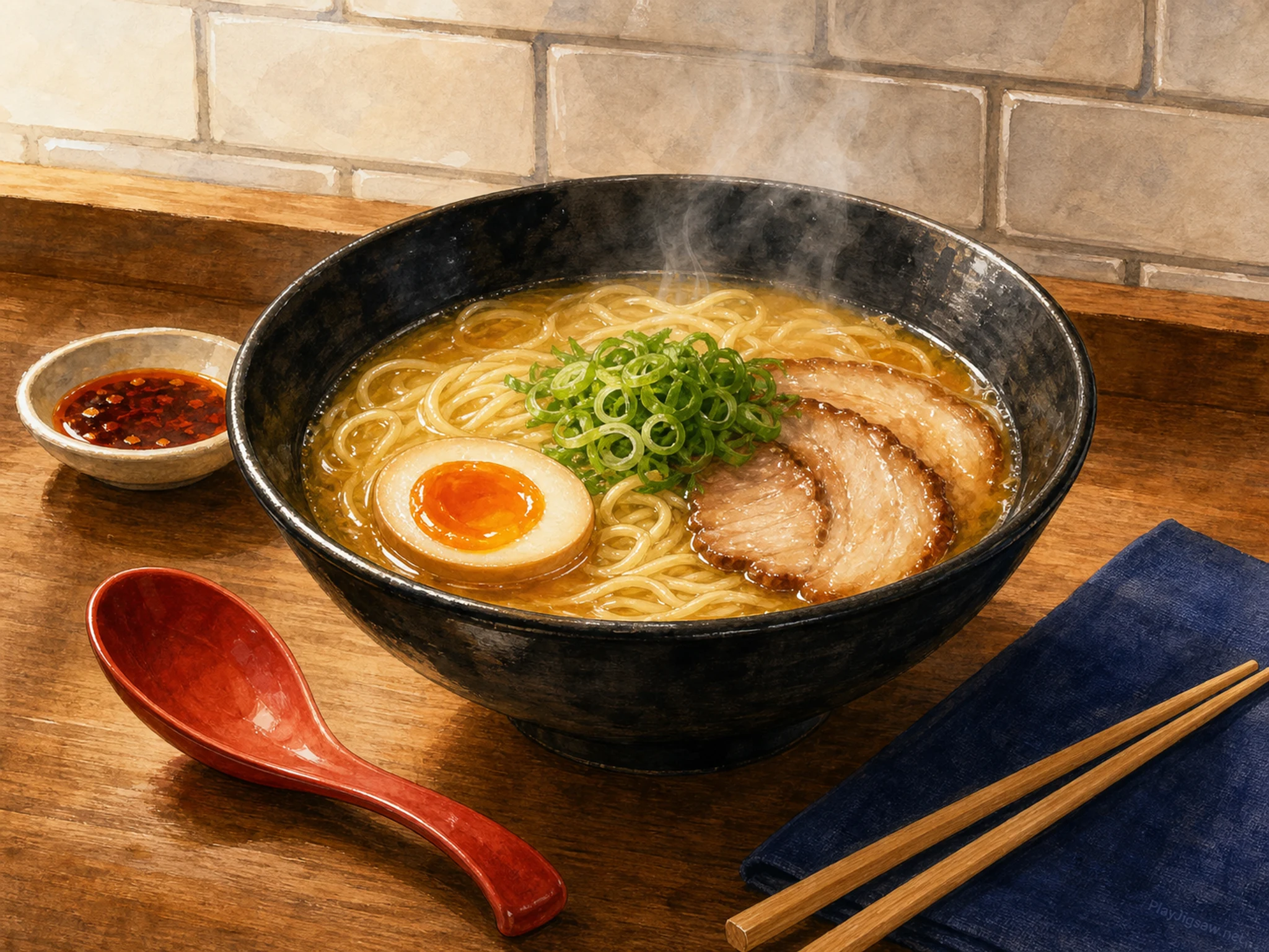 A tidy ramen counter with a black ceramic ramen bowl, red lacquer spoon, chopsticks, soft-boiled egg, chili oil dish, folded indigo napkin, white tile backsplash, and a tiny in-world fabric mark