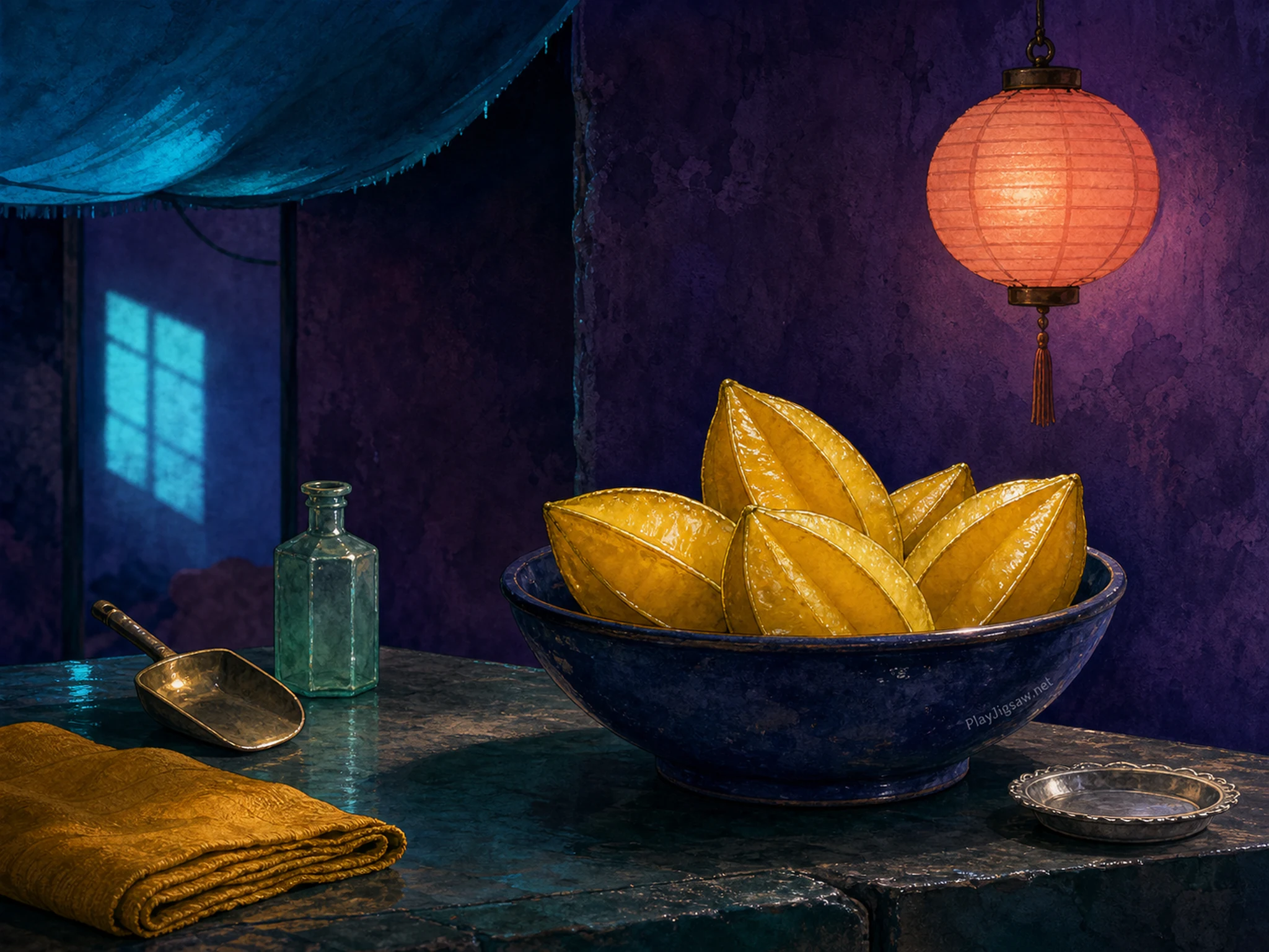 Golden starfruits in an indigo bowl beneath a coral lantern with cyan canopy light, brass scoop, mint bottle, saffron cloth, and a tiny glazed maker mark