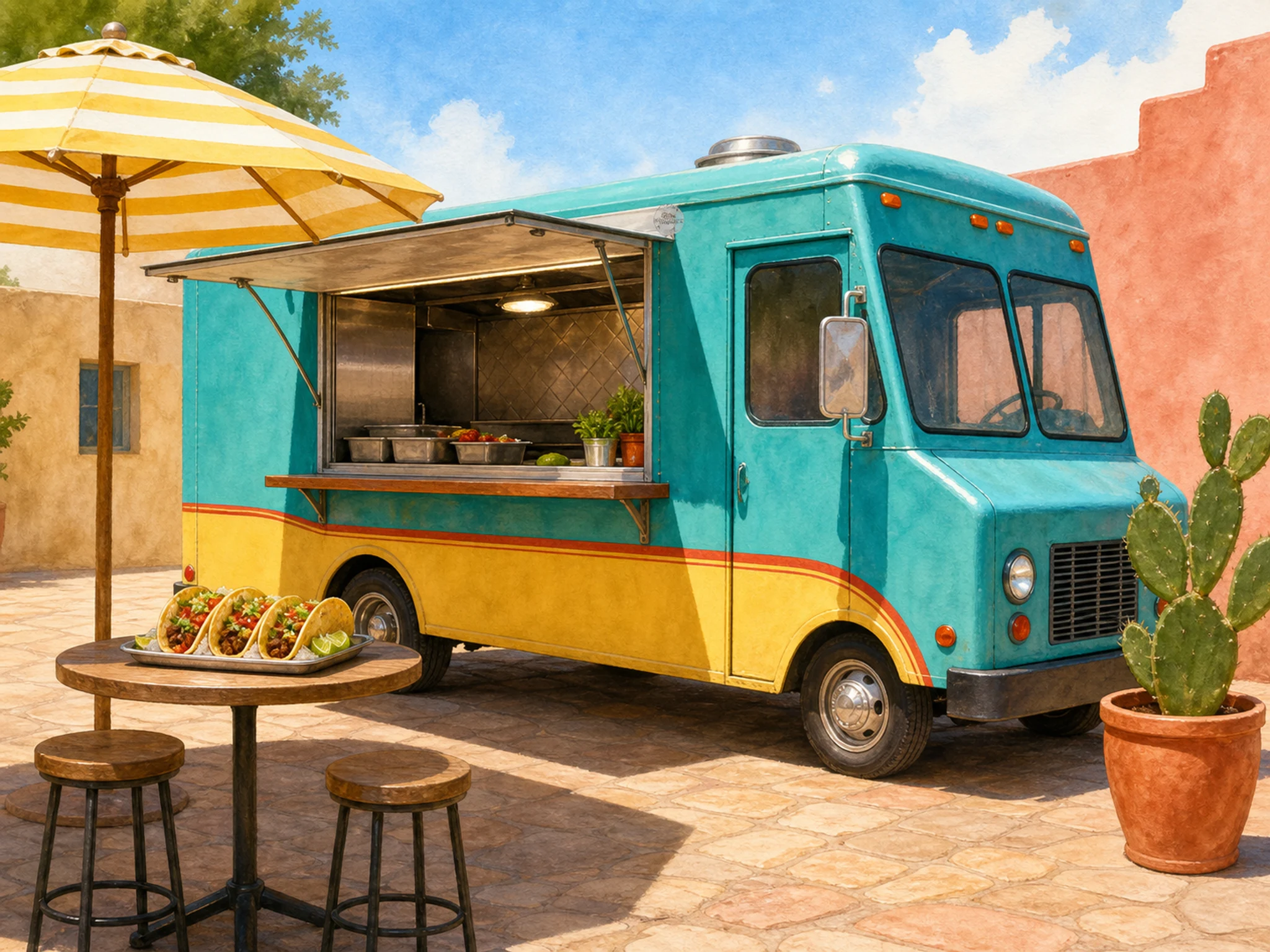 A sunny plaza with a turquoise taco truck, striped awning, small table, lime basket, salsa bowl, folded napkin, tile step, and a tiny faded in-world maker mark on the menu frame