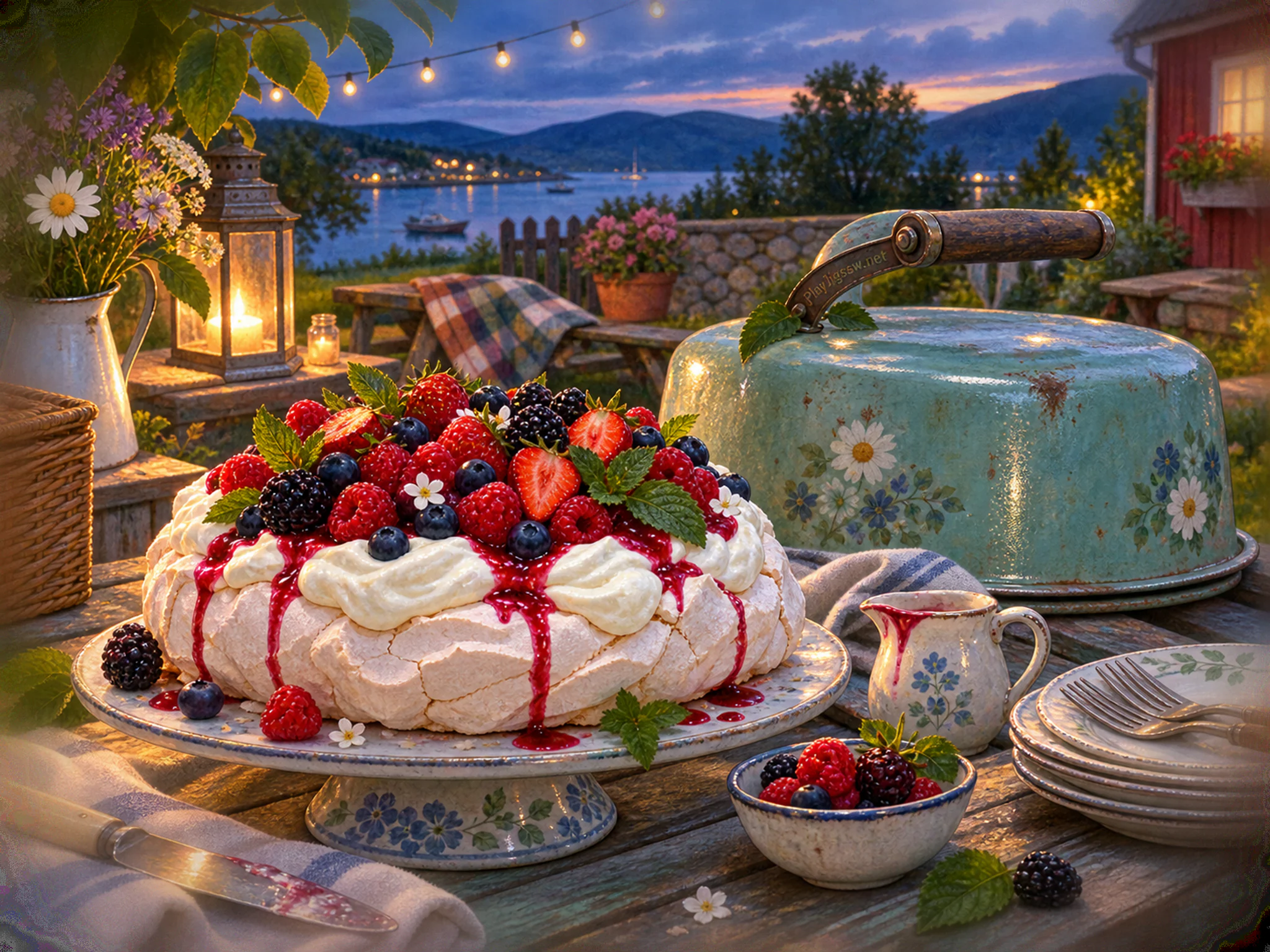 berry pavlova prepared naturally beside an enamel cake carrier in a bakery picnic table with a berry pavlova and familiar plates, with familiar objects and cool blue-hour light.