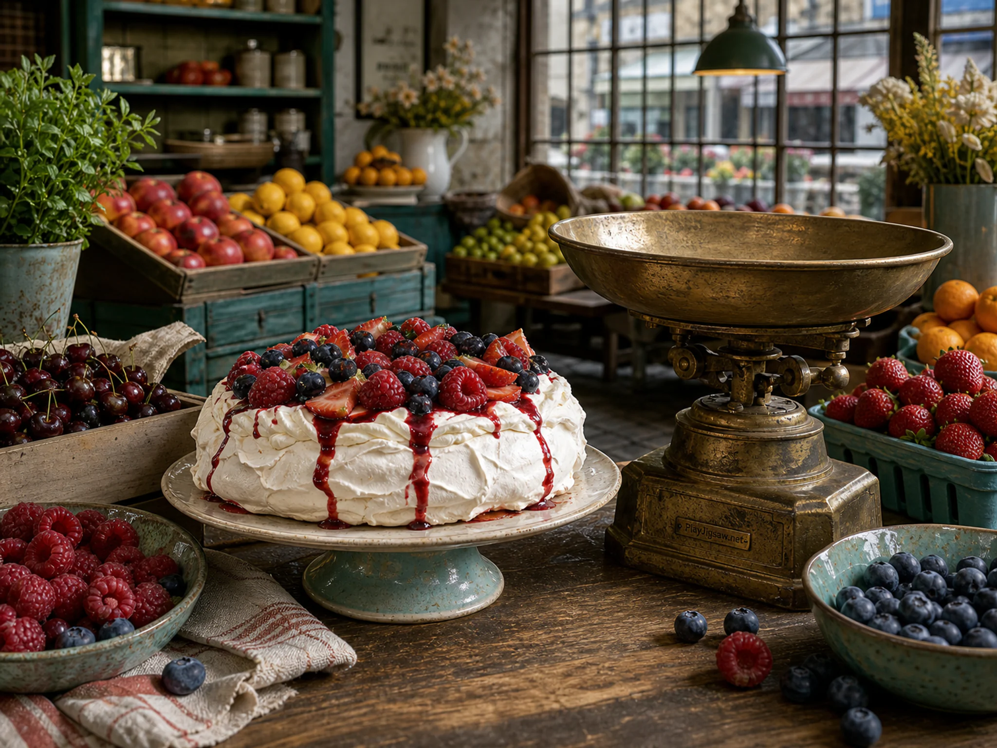 Berry Pavlova served beside brass market scale in a colorful produce market, with layered scenery and soft overcast afternoon.