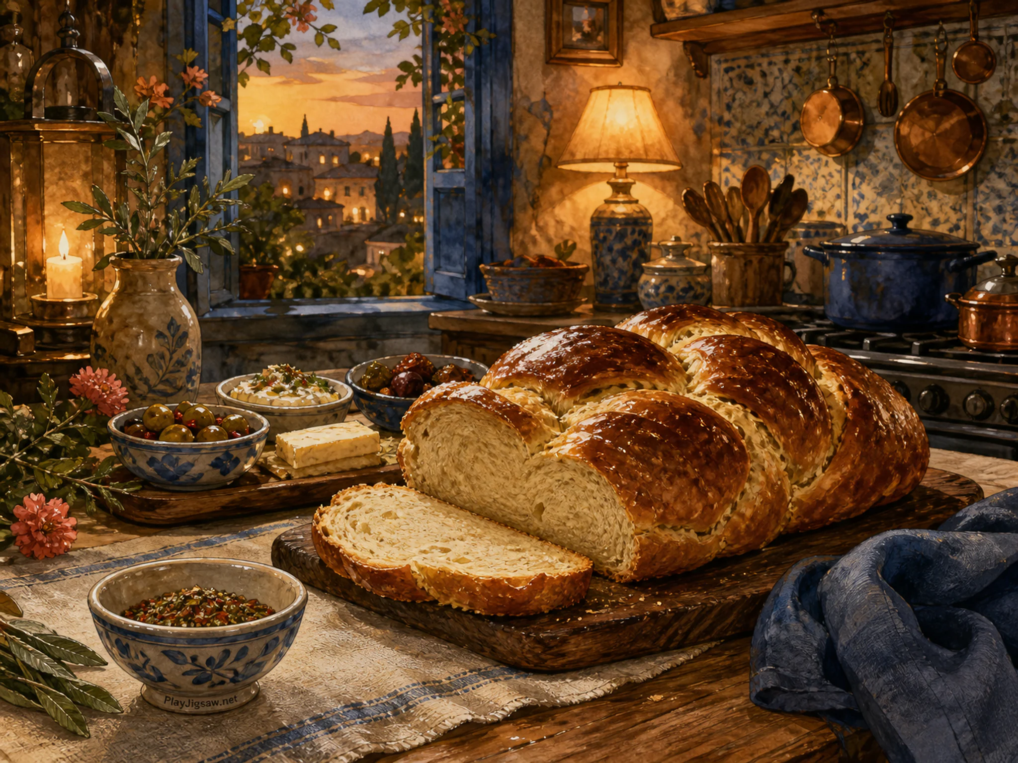 Braided Loaf steeping above small tasting tray in a warm working kitchen, with layered scenery and golden lamplight at dusk.