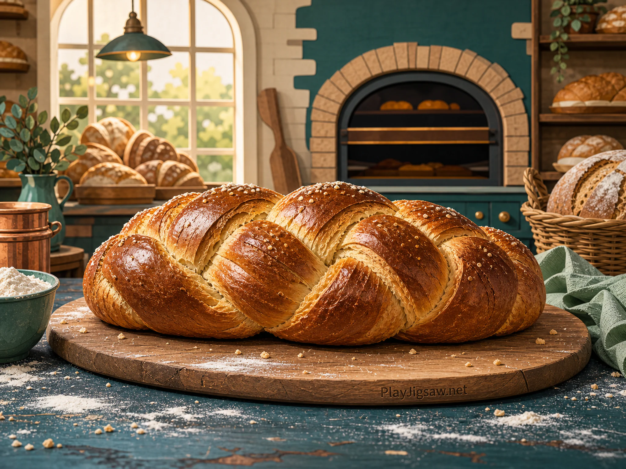 Braided Loaf freshly prepared on wooden serving board in a flour-dusted bakery counter, with layered scenery and bright diffused window light.