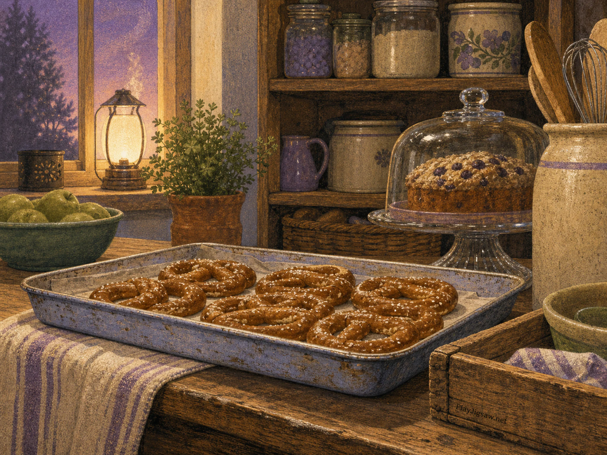 Pretzel Tray cooking near glass cake stand in a practical pantry workspace, with layered scenery and golden lamplight at dusk.