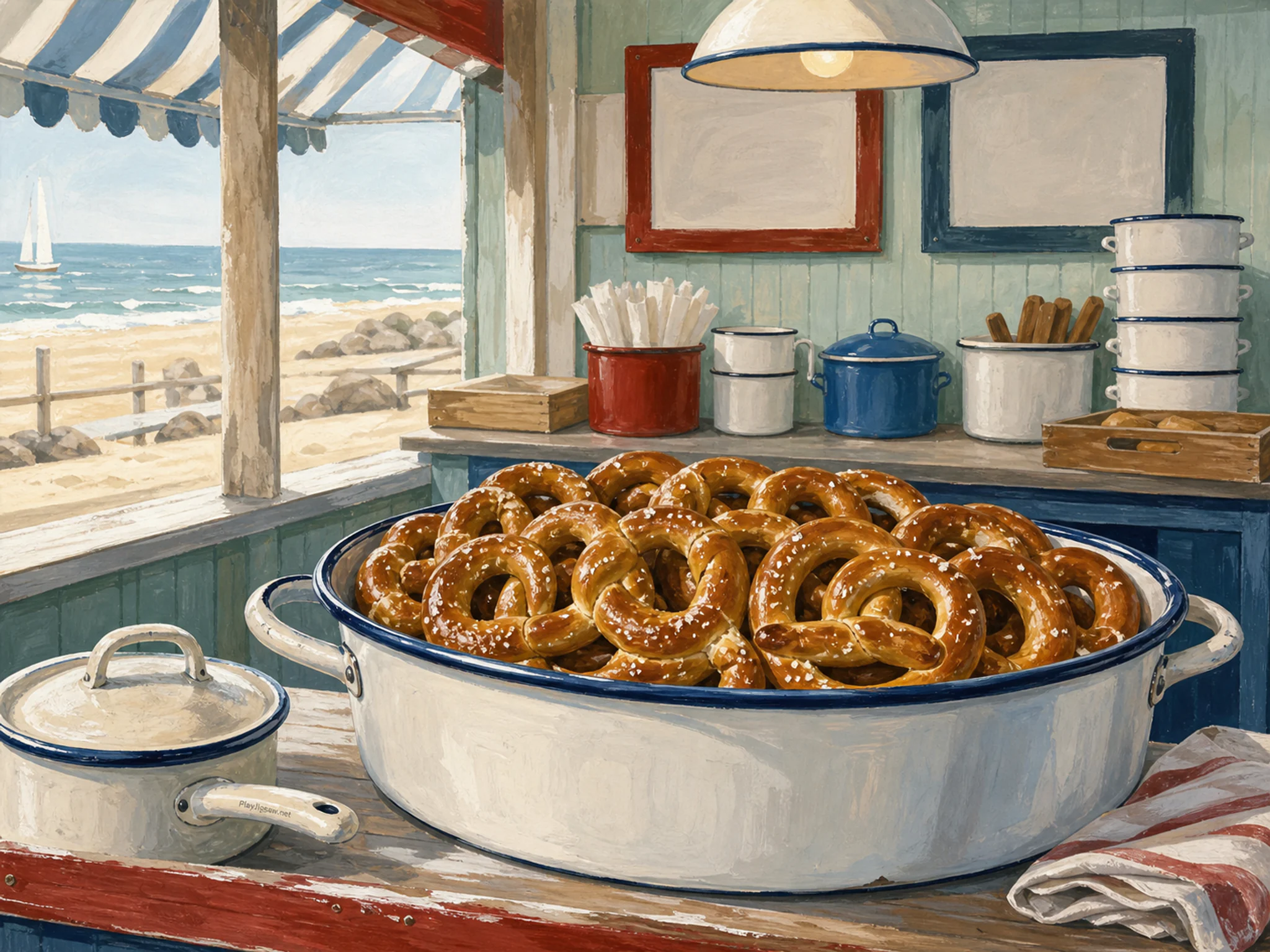 Pretzel Tray displayed across enameled cooking pot in a lively sheltered food stall, with layered scenery and bright diffused window light.