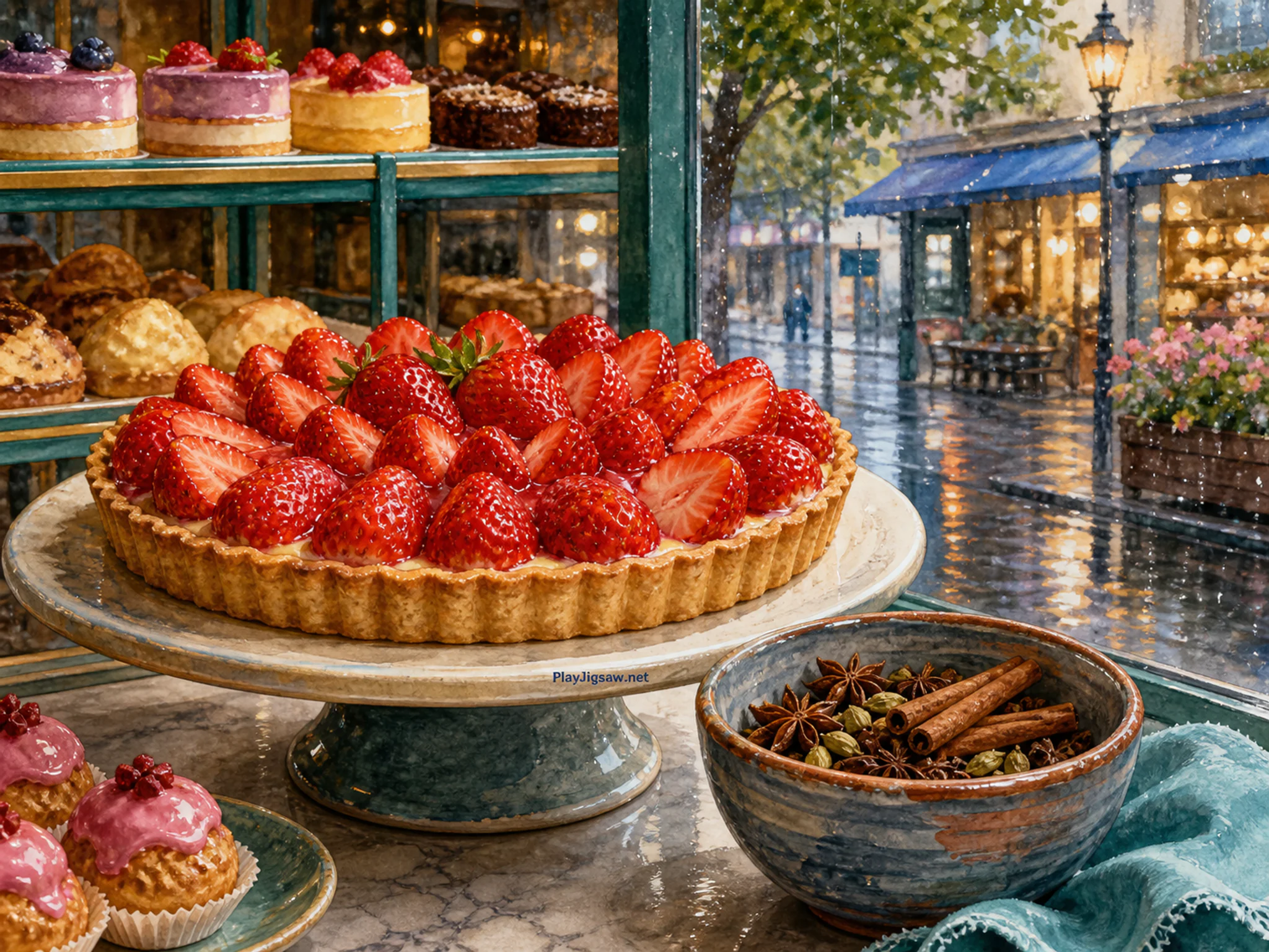 Strawberry Tart being sorted beside hand-thrown spice bowl in a bright confectionery display, with layered scenery and gentle rain with crisp reflections.
