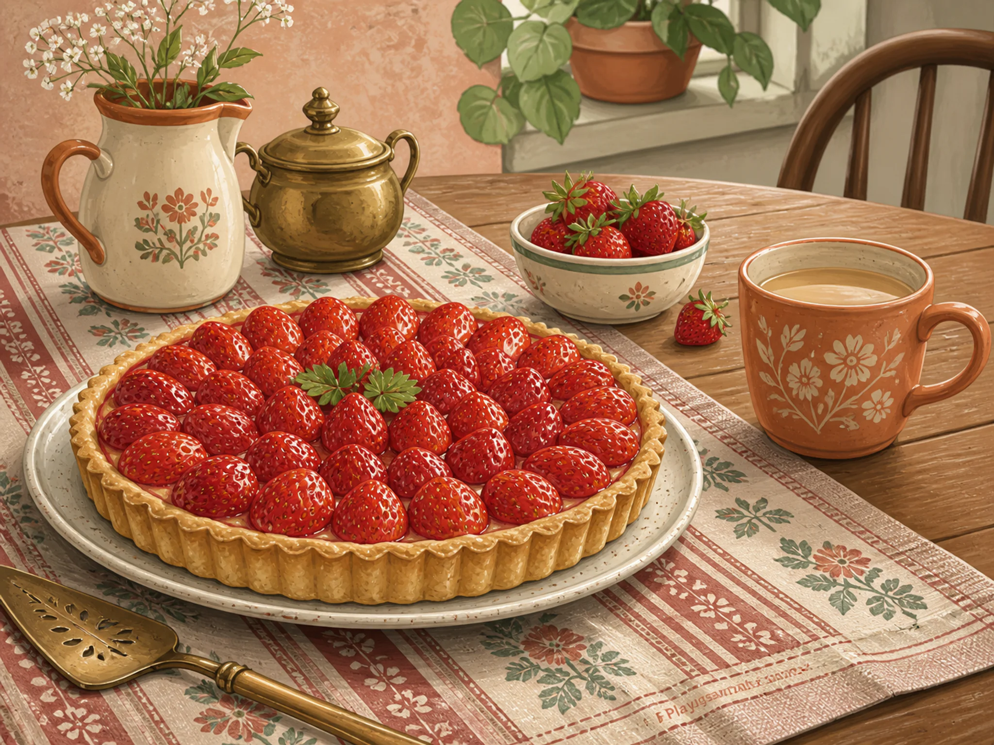 Strawberry Tart arranged around patterned breakfast cloth in a sunlit breakfast table, with layered scenery and soft overcast afternoon.