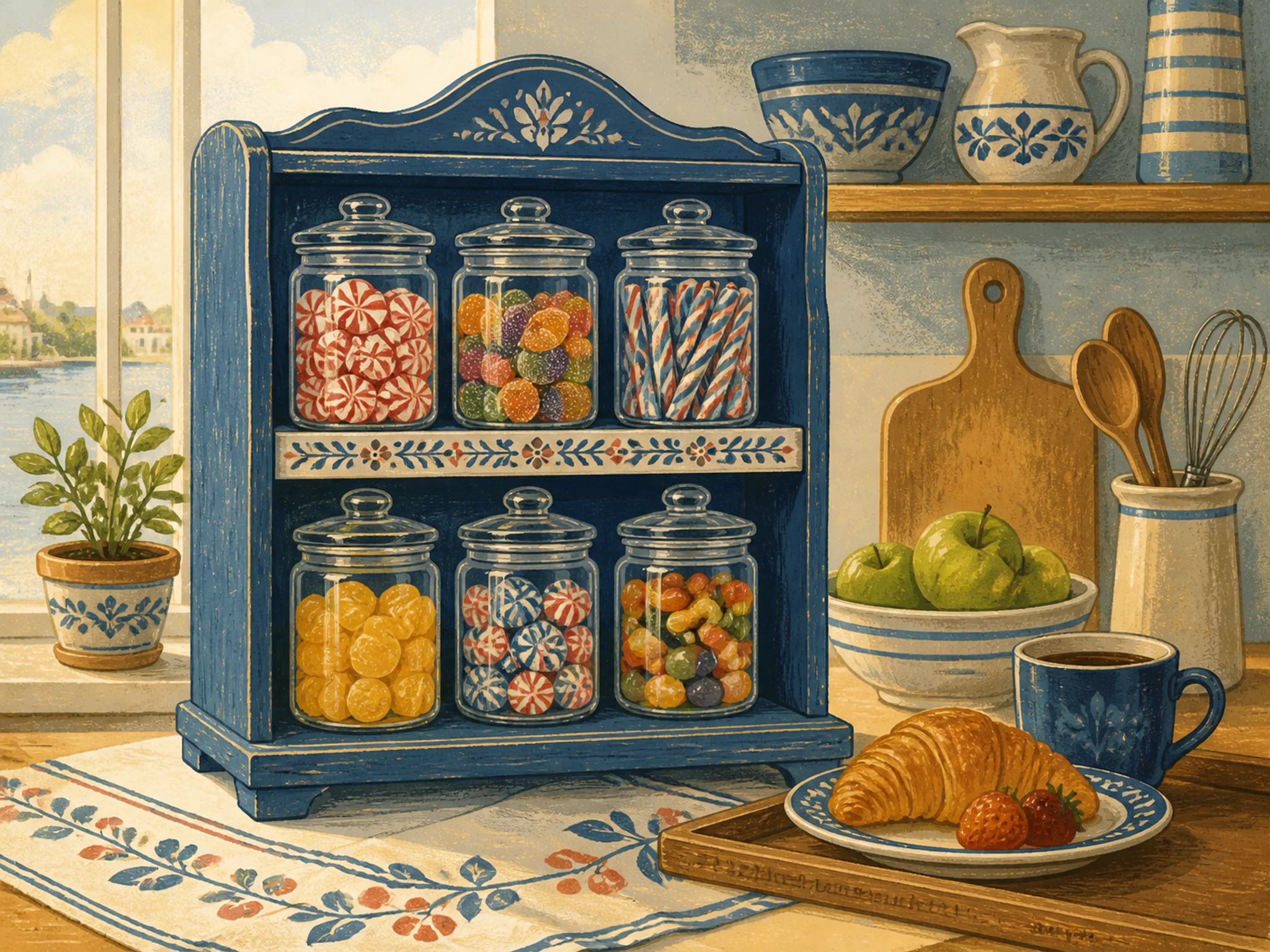 Candy Jar Shelf simmering beside patterned breakfast cloth in a calm tasting counter, with layered scenery and soft overcast afternoon.