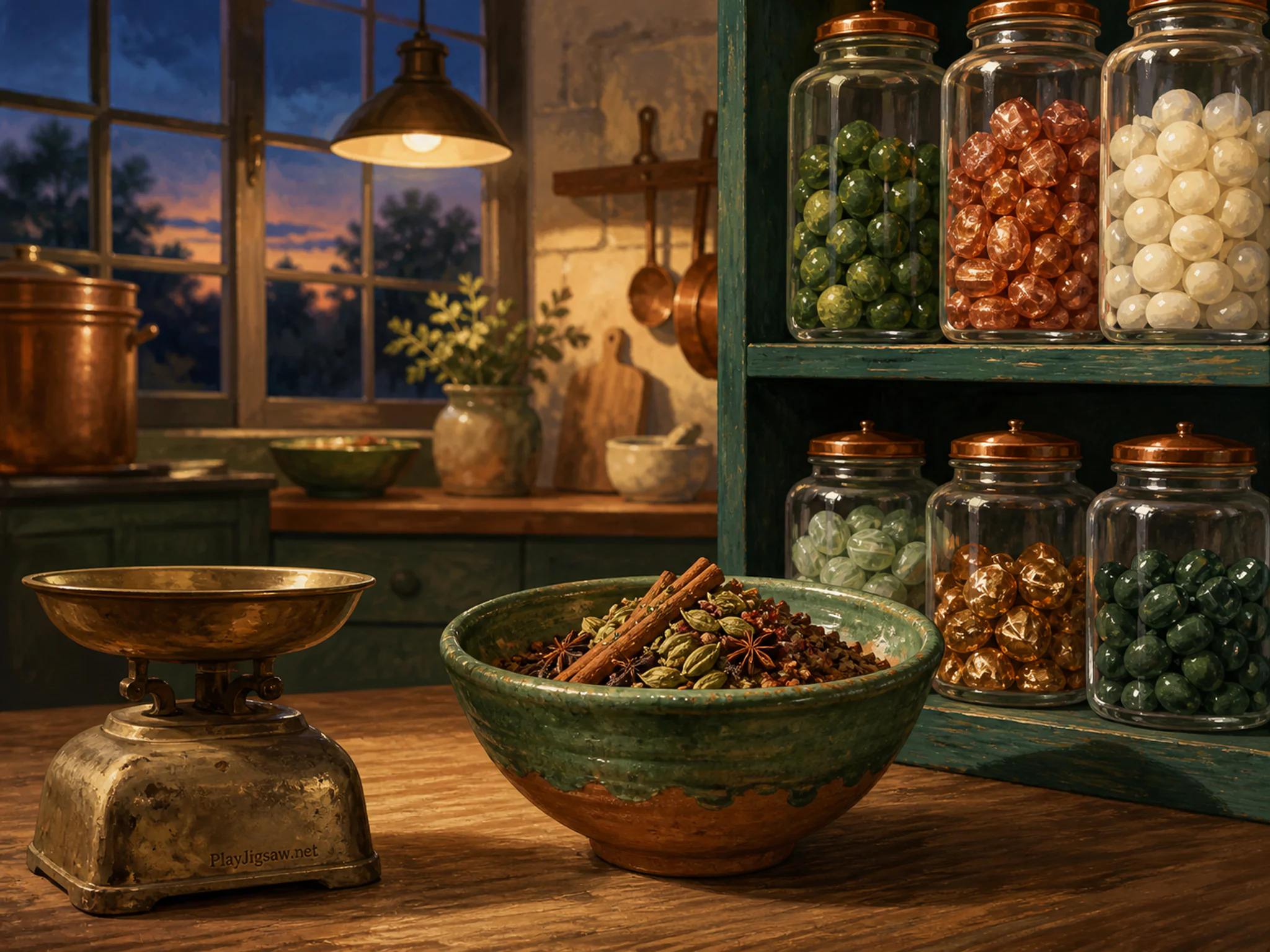 Candy Jar Shelf served beside hand-thrown spice bowl in a practical pantry workspace, with layered scenery and golden lamplight at dusk.
