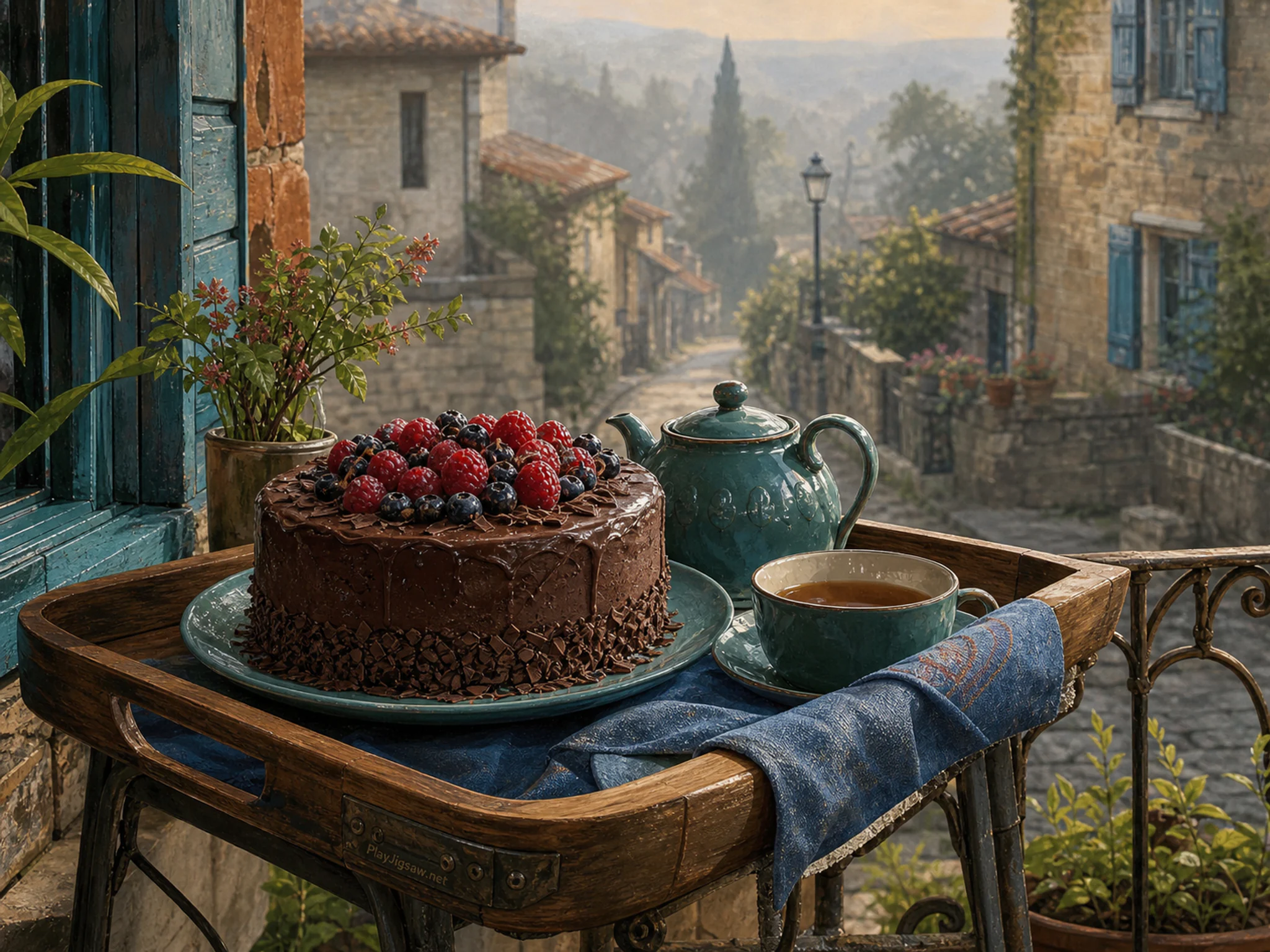 chocolate berry cake prepared naturally beside a small teapot in an afternoon tea tray on a modest apartment balcony, with familiar objects and calm misty dawn.