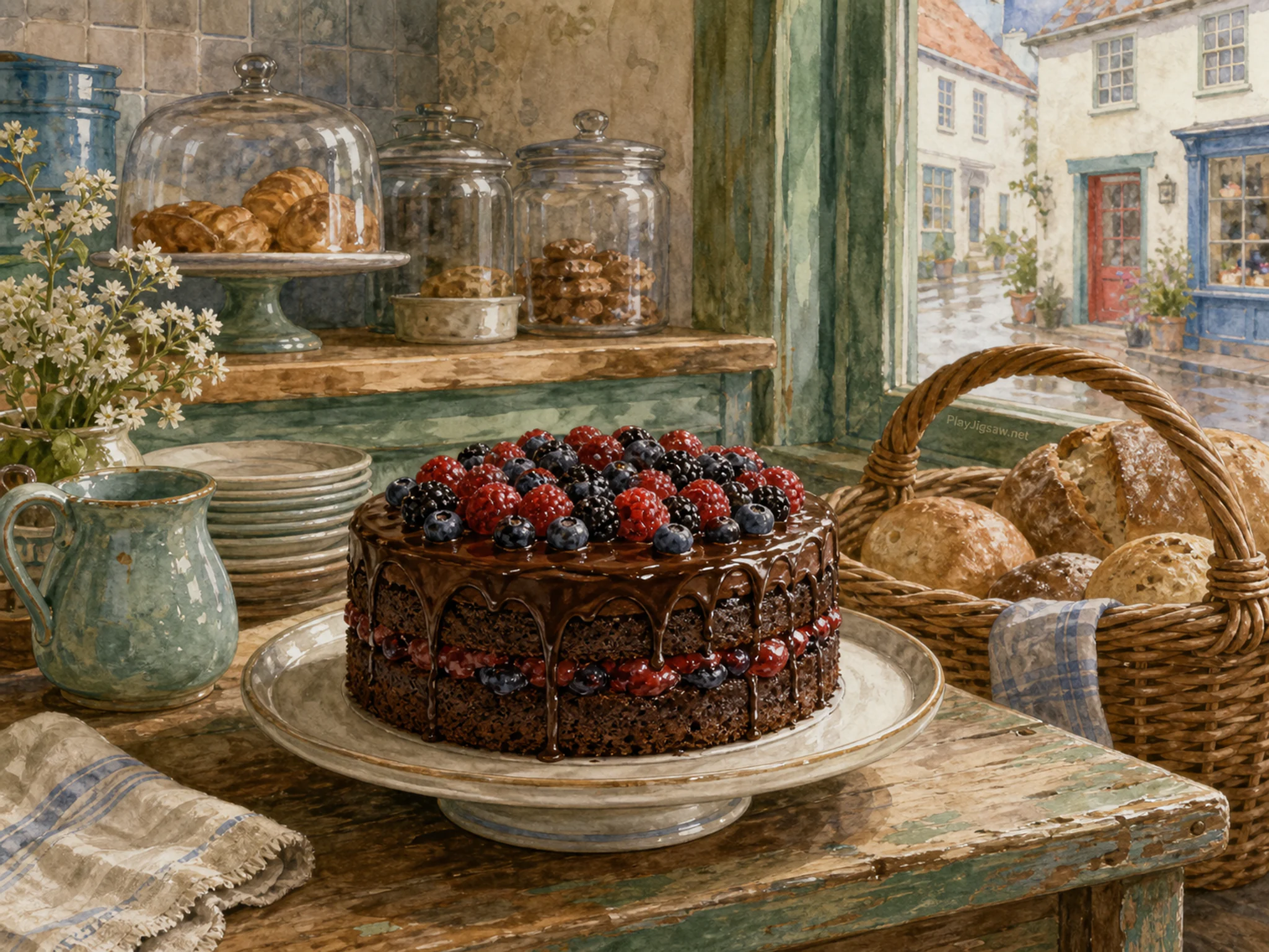 chocolate berry cake prepared naturally beside a wicker bread basket in a corner bakery counter early in the morning, with familiar objects and soft overcast afternoon.
