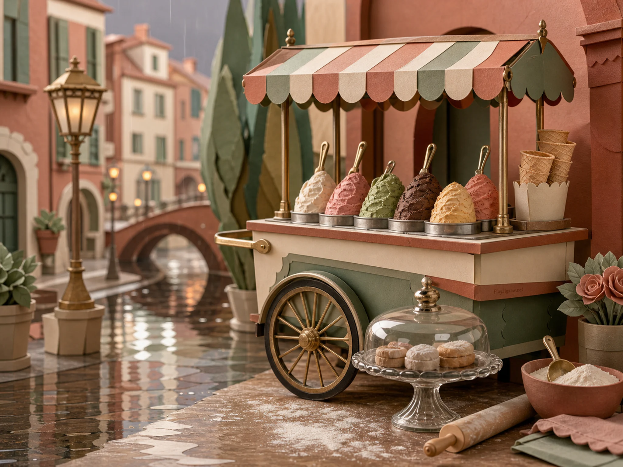 Gelato Cart steeping above glass cake stand in a flour-dusted bakery counter, with layered scenery and gentle rain with crisp reflections.