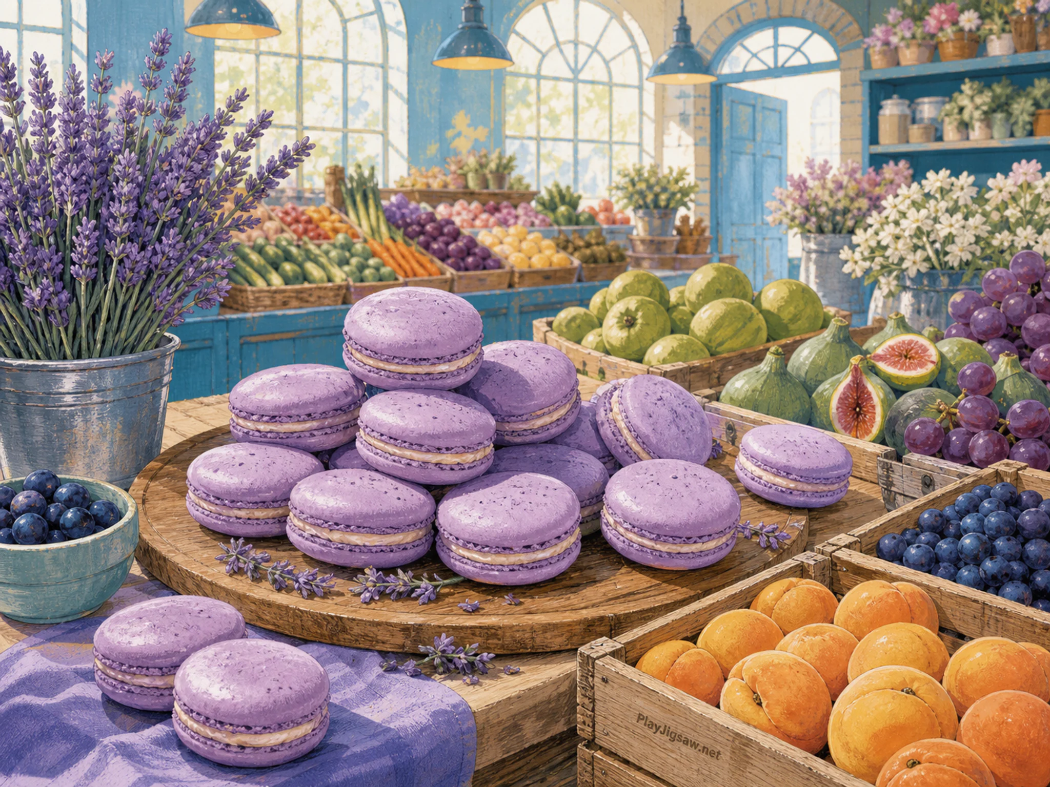 Lavender Macarons cooking near wooden serving board in a colorful produce market, with layered scenery and bright diffused window light.