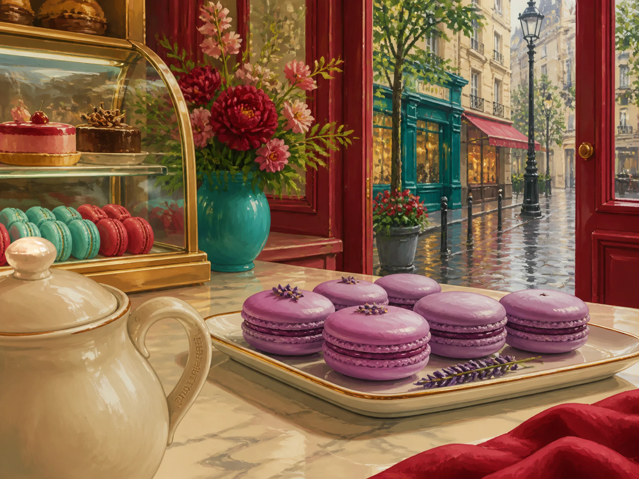 Lavender Macarons displayed across small tasting tray in a bright confectionery display, with layered scenery and gentle rain with crisp reflections.