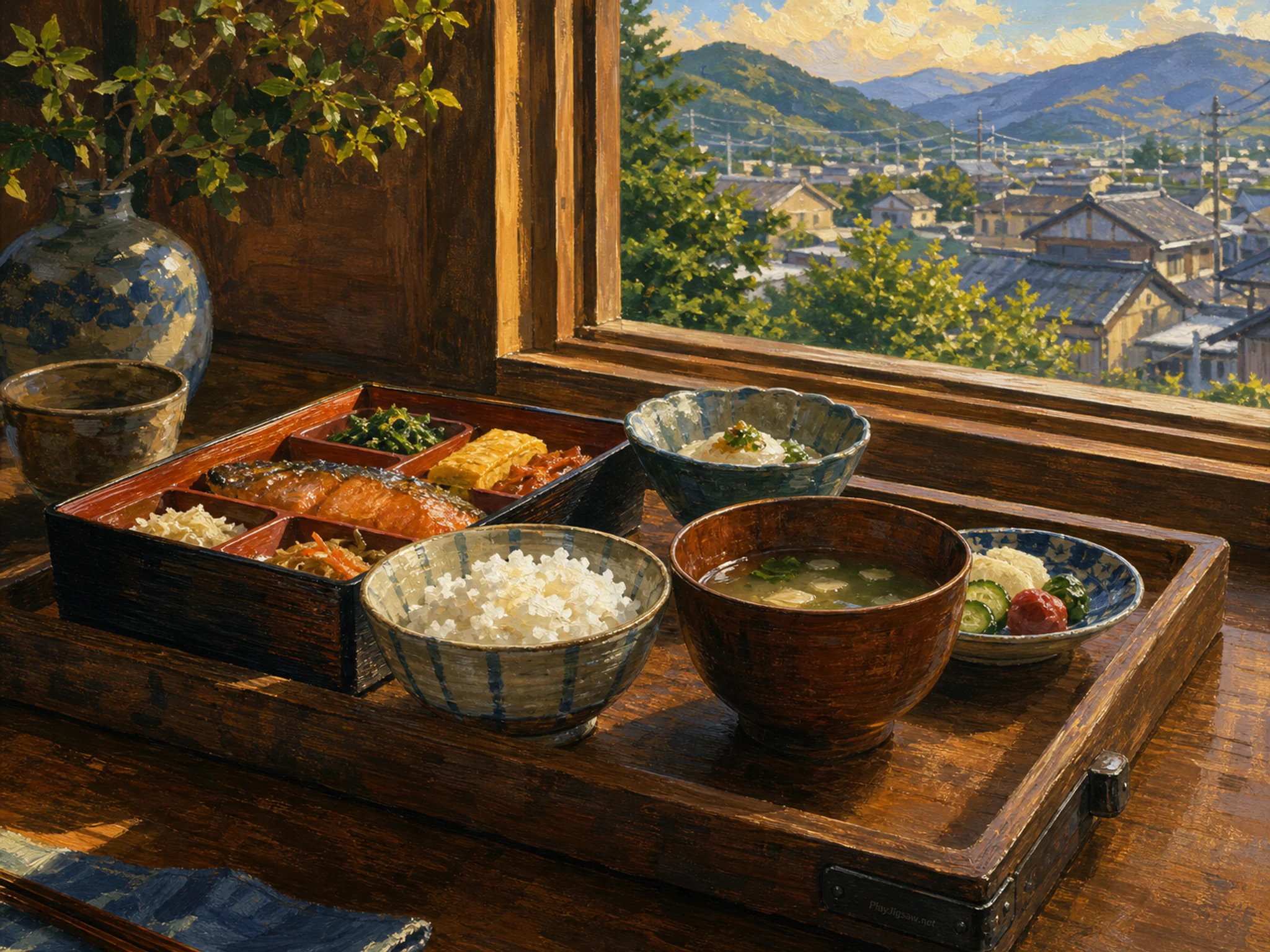 bento morning table prepared naturally beside a familiar bento tray in a breakfast table beside an open kitchen window, with familiar objects and warm late-day sunlight.