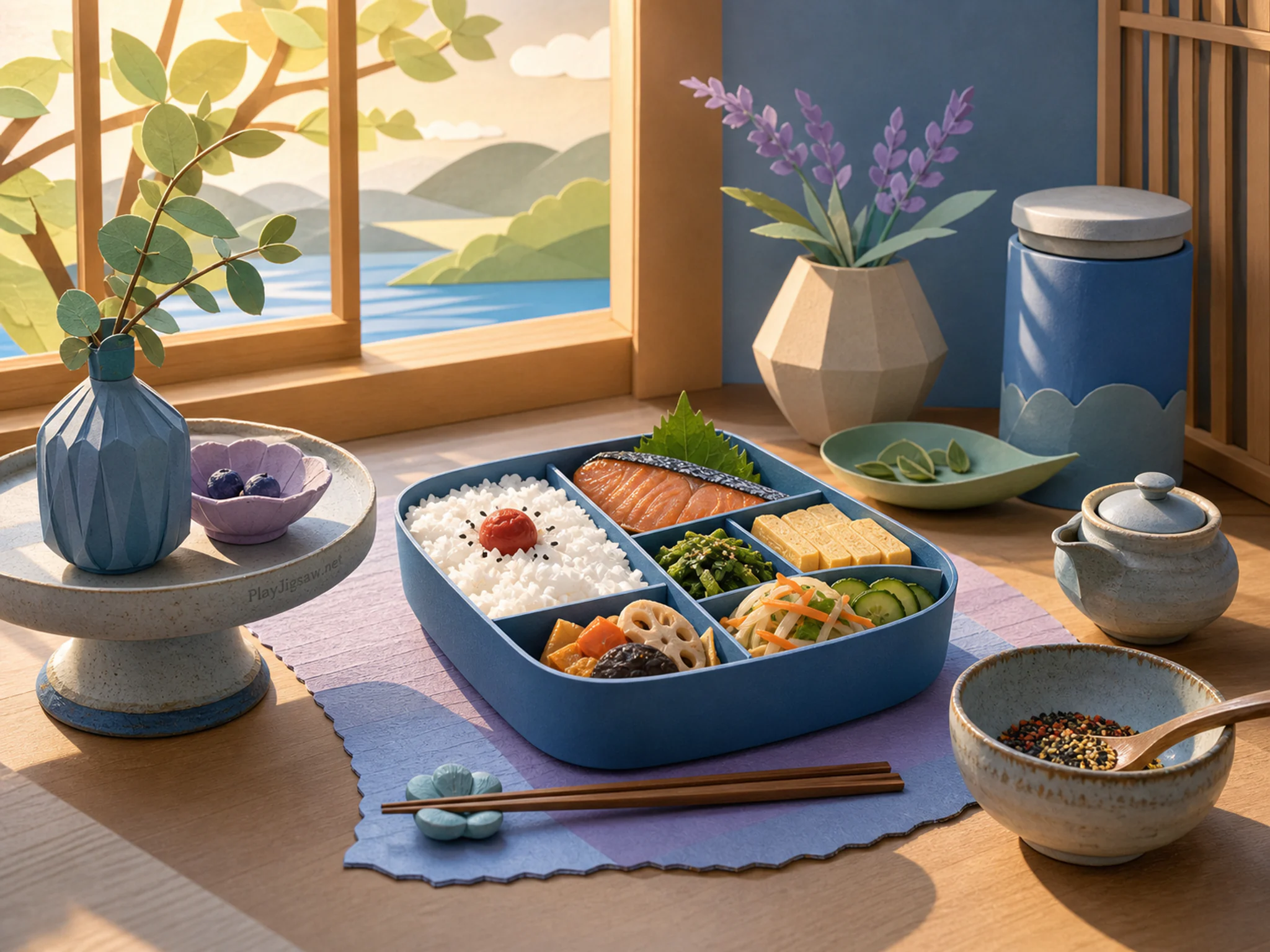 Bento Morning Table cooking near hand-thrown spice bowl in a calm tasting counter, with layered scenery and warm late-day sunlight.