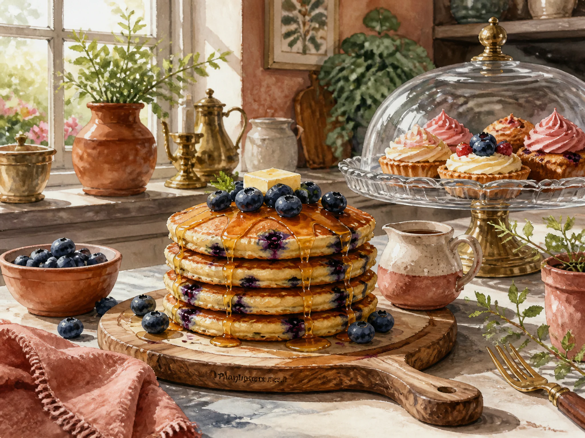 Blueberry Pancakes simmering beside glass cake stand in a bright confectionery display, with layered scenery and clear early morning light.