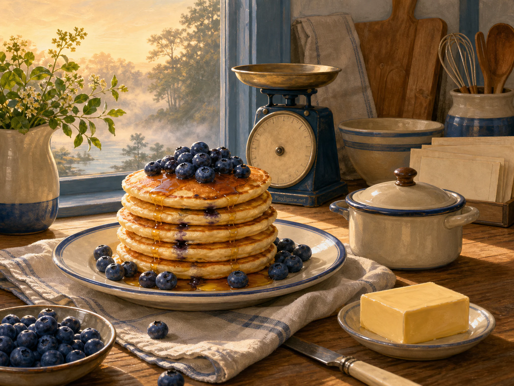 Blueberry Pancakes served beside enameled cooking pot in a sunlit breakfast table, with layered scenery and calm misty dawn.
