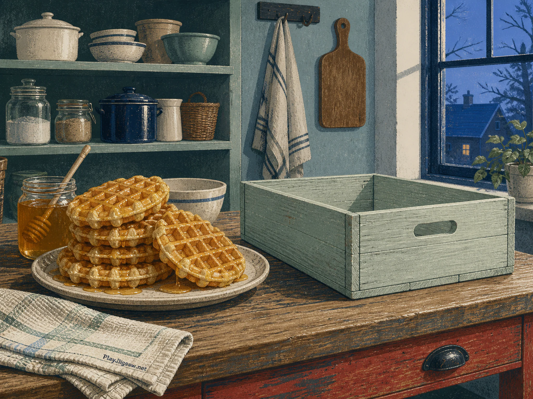 Honey Waffles freshly prepared on labeled-free storage crate in a practical pantry workspace, with layered scenery and cool blue-hour light.
