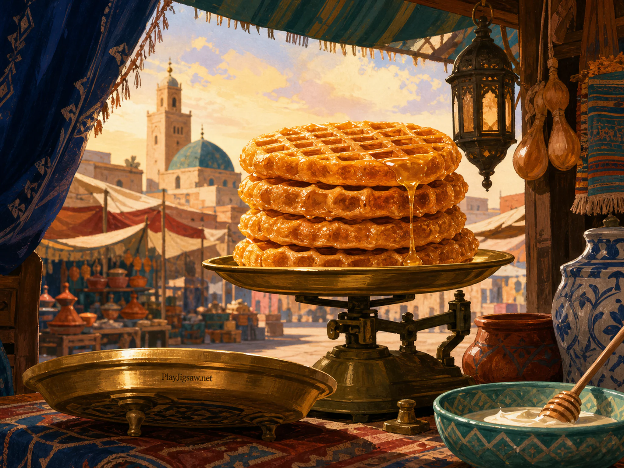 Honey Waffles steeping above brass market scale in a lively sheltered food stall, with layered scenery and warm late-day sunlight.
