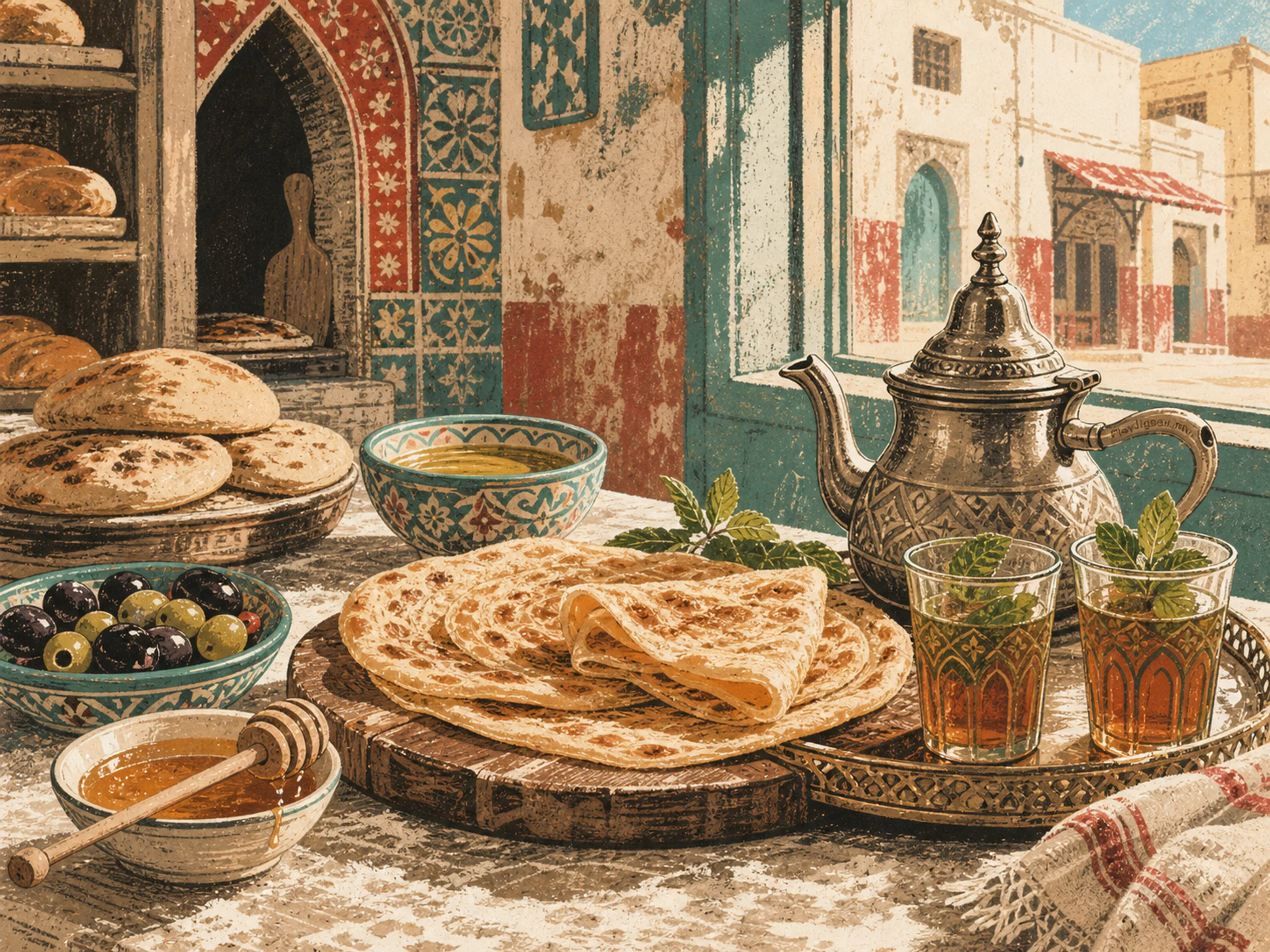 Moroccan Breakfast arranged around wooden serving board in a flour-dusted bakery counter, with layered scenery and clear early morning light.