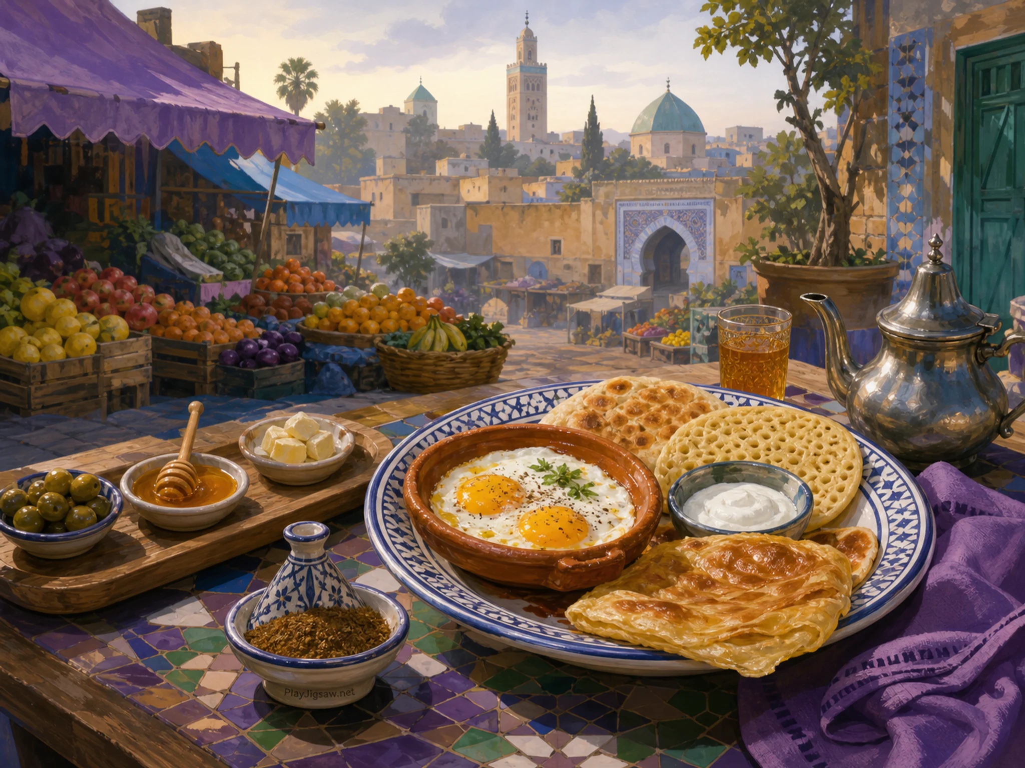 Moroccan Breakfast being sorted beside small tasting tray in a colorful produce market, with layered scenery and calm misty dawn.