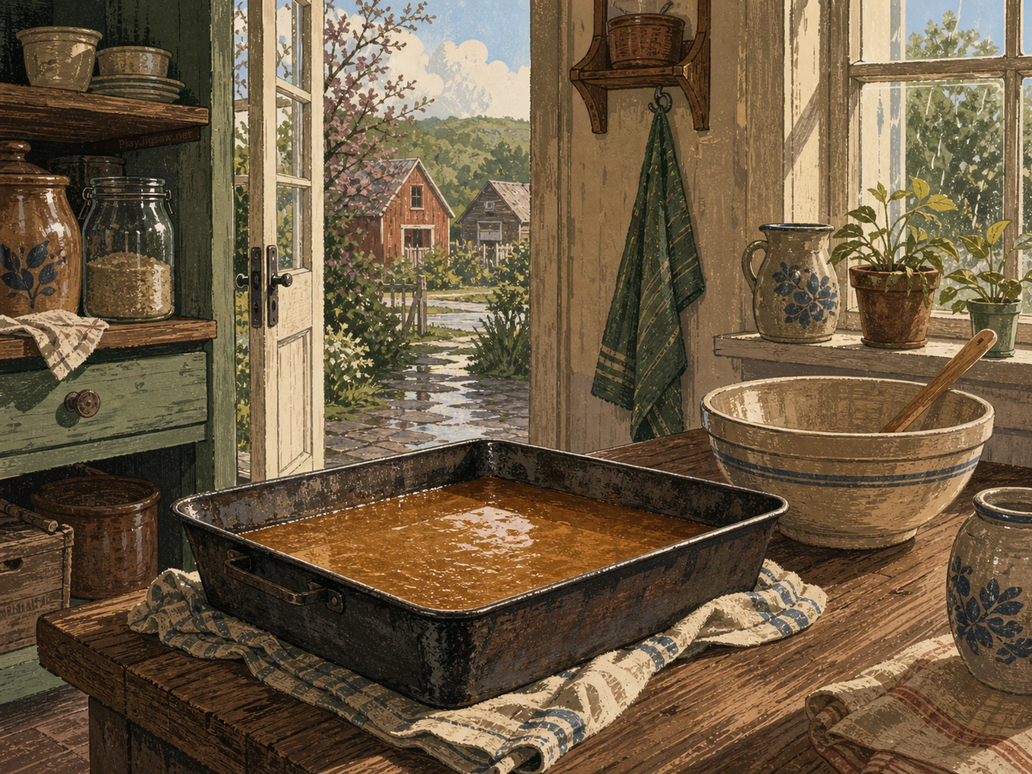 maple sugar pan prepared naturally beside a stoneware mixing bowl in a farmhouse kitchen with a maple-sugar pan cooling by the window, with familiar objects and sun after a brief.