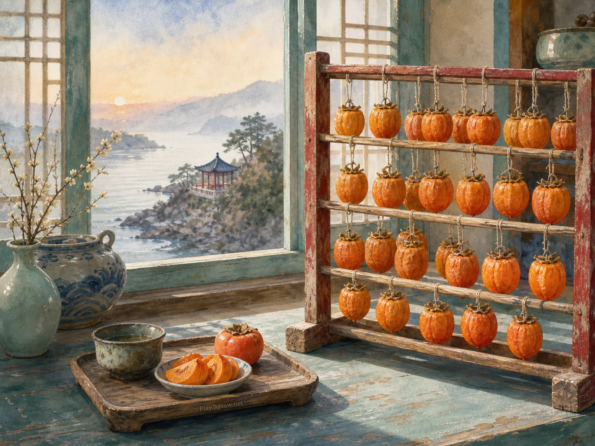 Persimmon Drying Rack served beside small tasting tray in a bright confectionery display, with layered scenery and calm misty dawn.