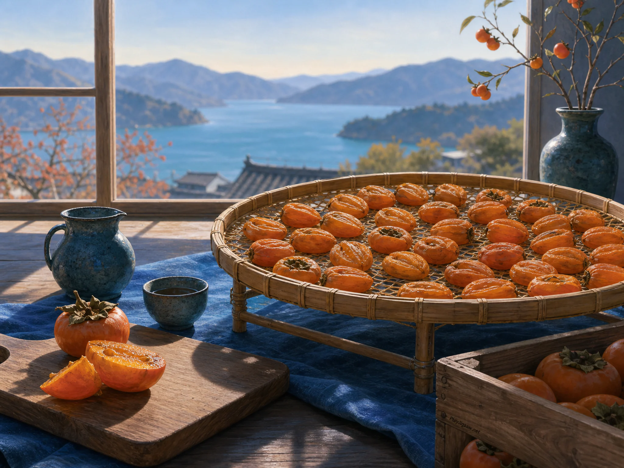 Persimmon Drying Rack simmering beside wooden serving board in a sunlit breakfast table, with layered scenery and cool blue-hour light.