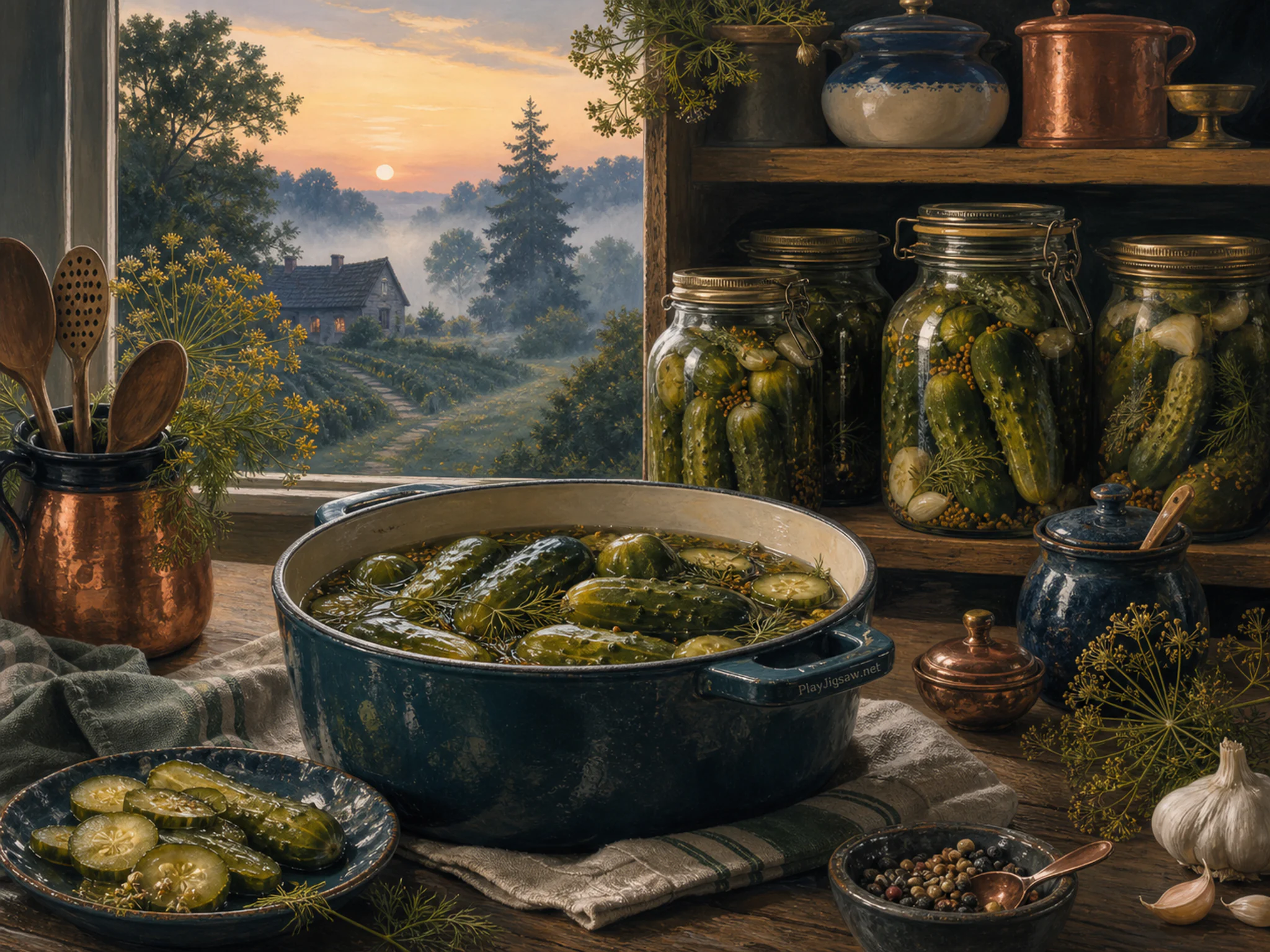 Pickle Pantry arranged around enameled cooking pot in a calm tasting counter, with layered scenery and calm misty dawn.