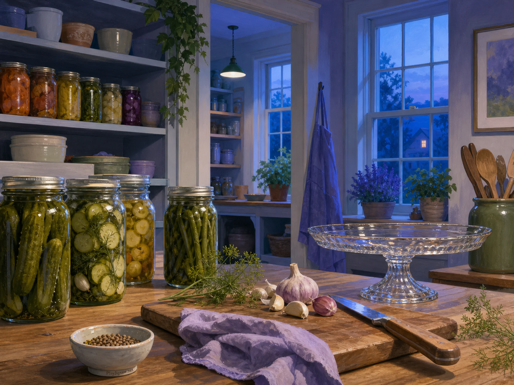 Pickle Pantry being sorted beside glass cake stand in a practical pantry workspace, with layered scenery and cool blue-hour light.