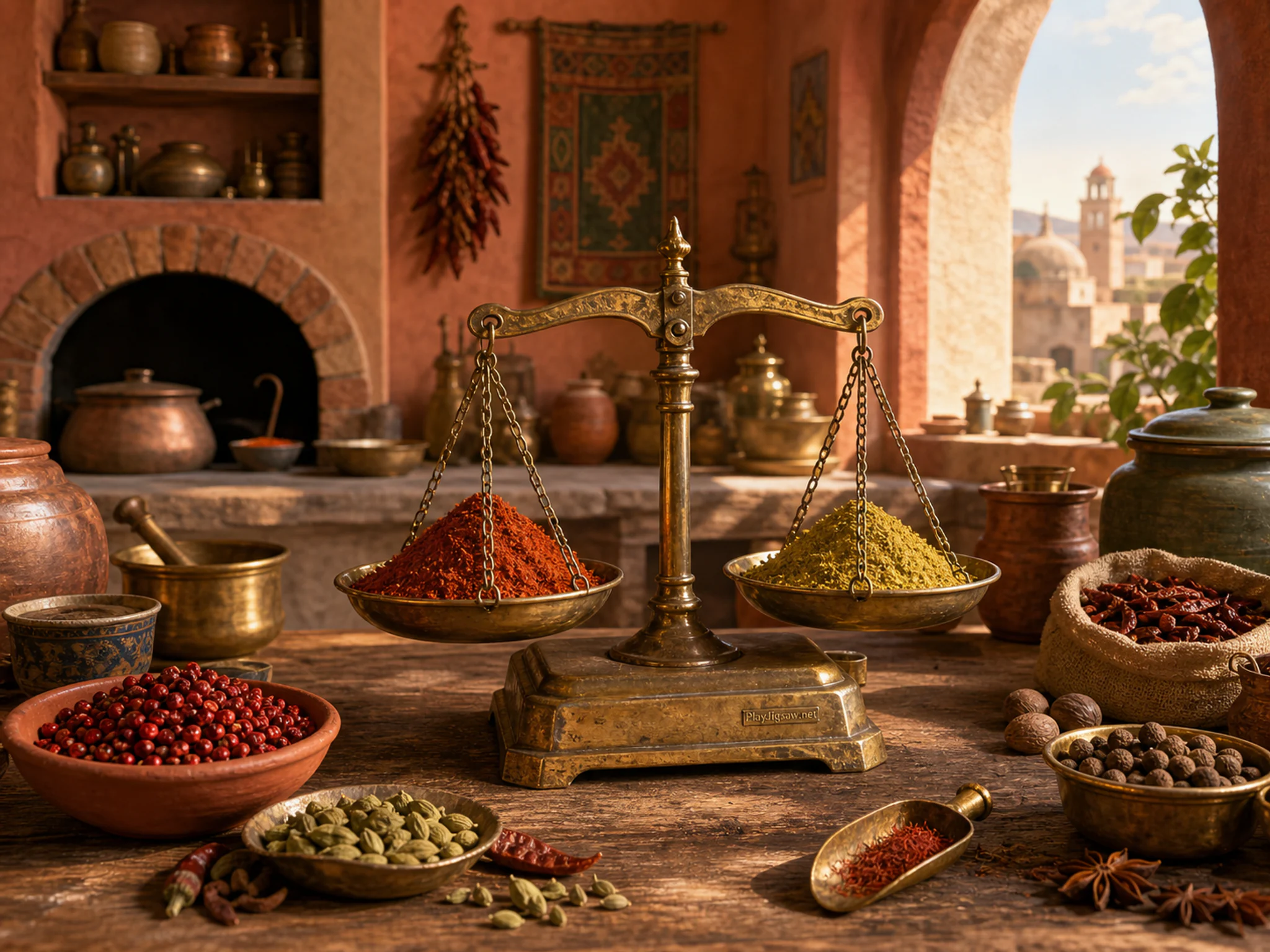 Spice Merchant Scale displayed across brass market scale in a warm working kitchen, with layered scenery and warm late-day sunlight.