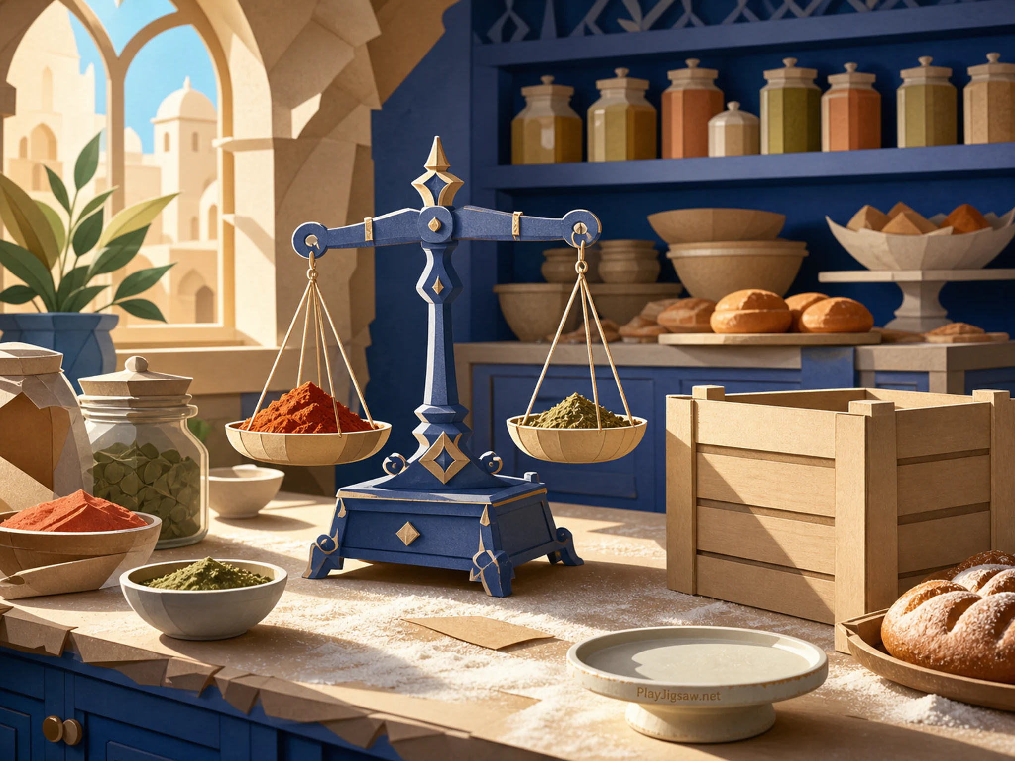 Spice Merchant Scale cooking near labeled-free storage crate in a flour-dusted bakery counter, with layered scenery and clear early morning light.