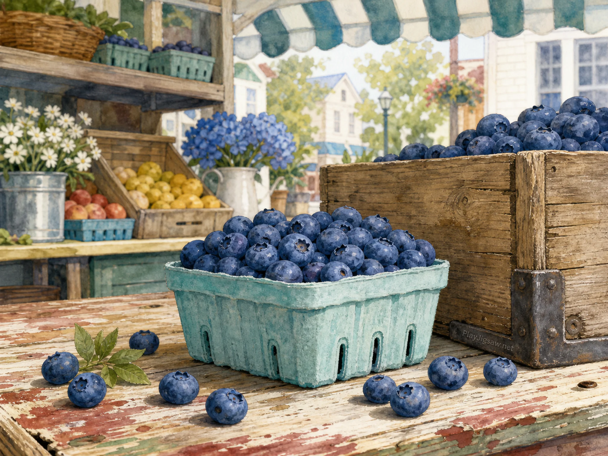 blueberry basket prepared naturally beside a wooden blueberry crate in a neighborhood produce stall under a striped canopy, with familiar objects and bright diffused window light.
