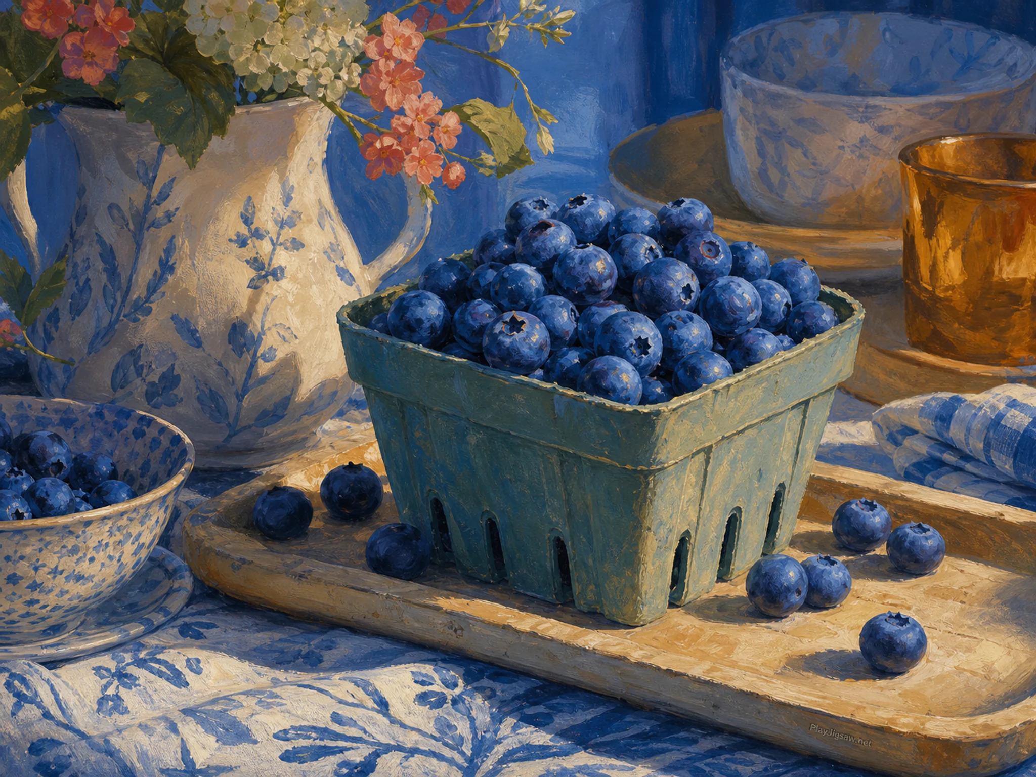 Blueberry Basket steeping above patterned breakfast cloth in a bright confectionery display, with layered scenery and cool blue-hour light.