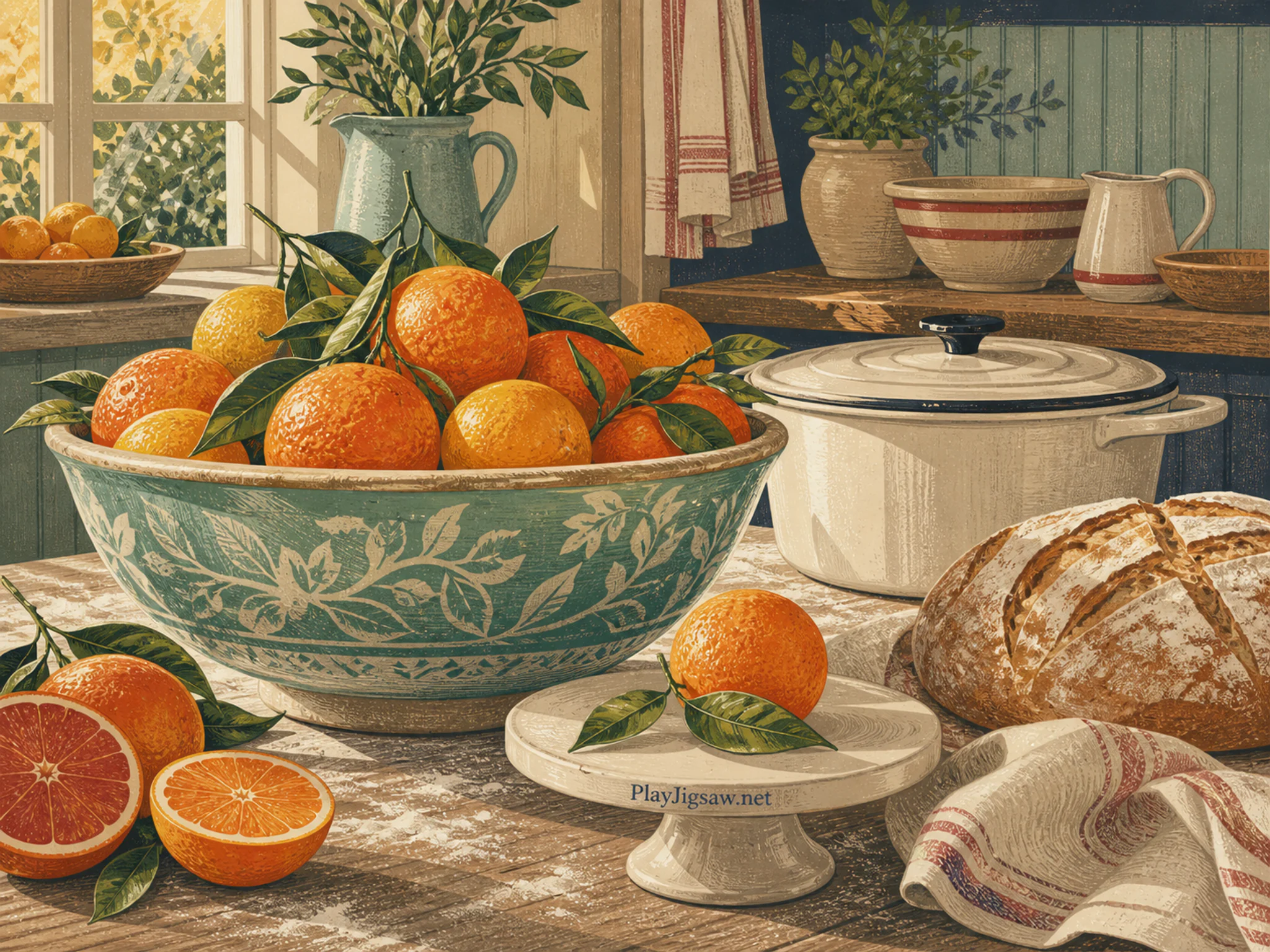 Citrus Market being sorted beside enameled cooking pot in a flour-dusted bakery counter, with layered scenery and warm late-day sunlight.