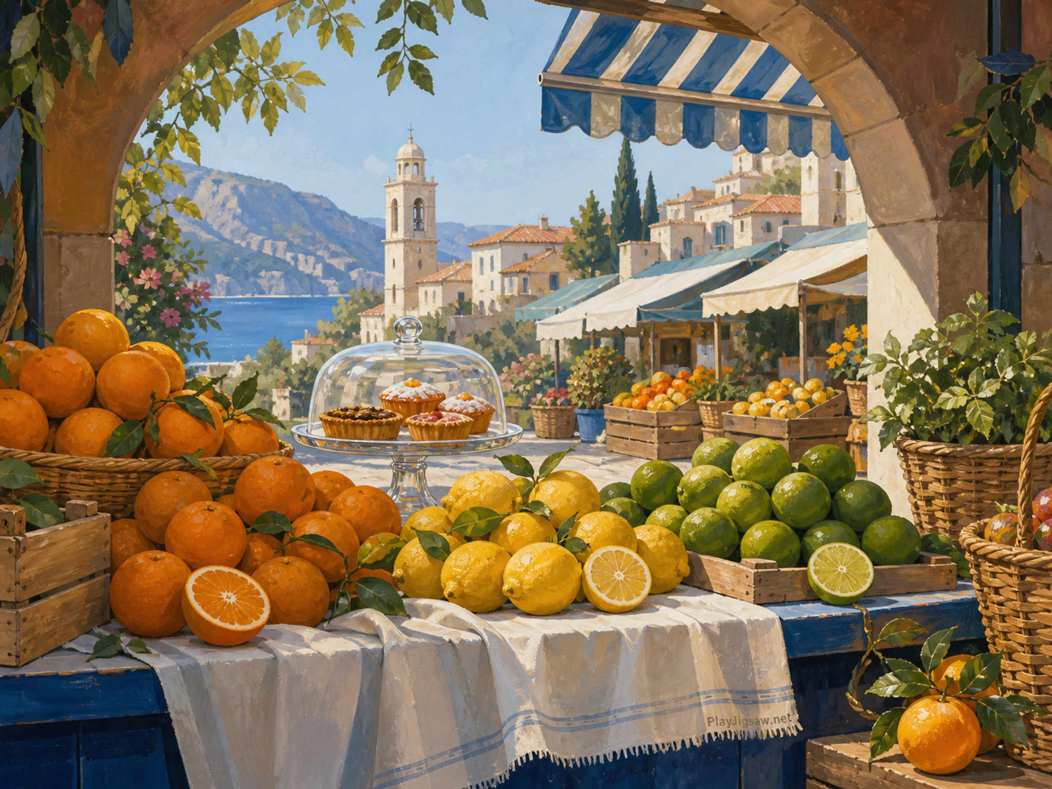 Citrus Market arranged around glass cake stand in a colorful produce market, with layered scenery and clear early morning light.