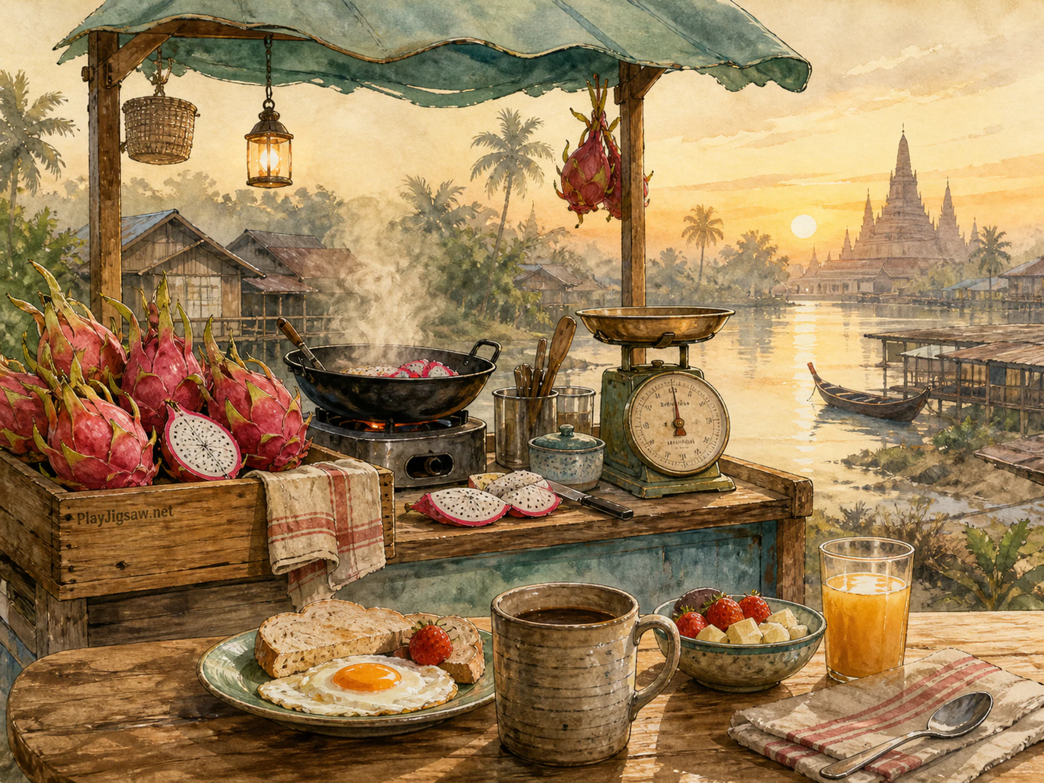 Dragon Fruit Stall cooking near brass market scale in a sunlit breakfast table, with layered scenery and calm misty dawn.